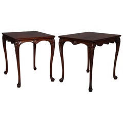 Pair of Carved and Bookmatched Flame Mahogany Baker School End Tables circa 1930