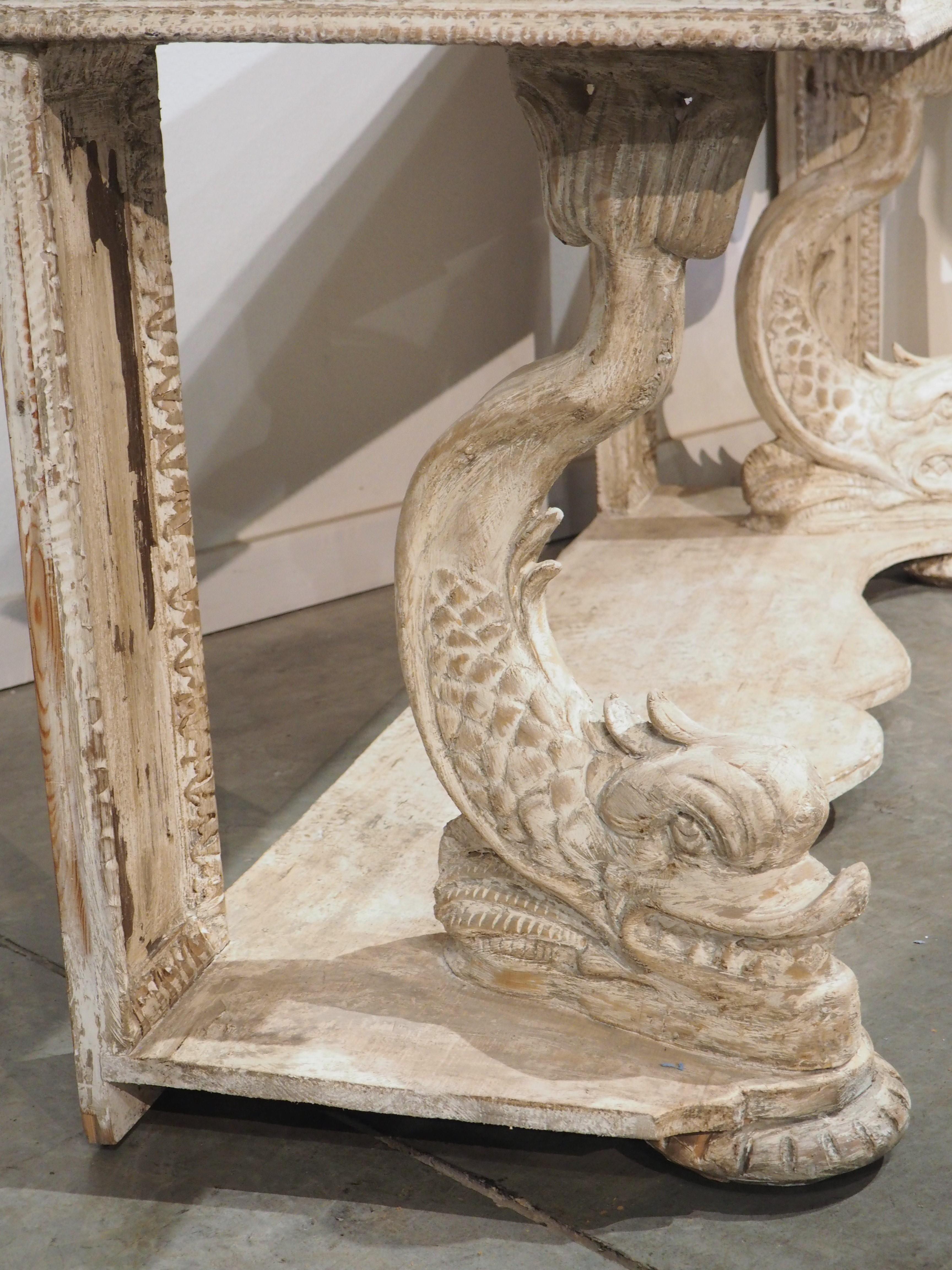 Pair of Carved and Distressed Painted Console Tables from Florence, Italy 4