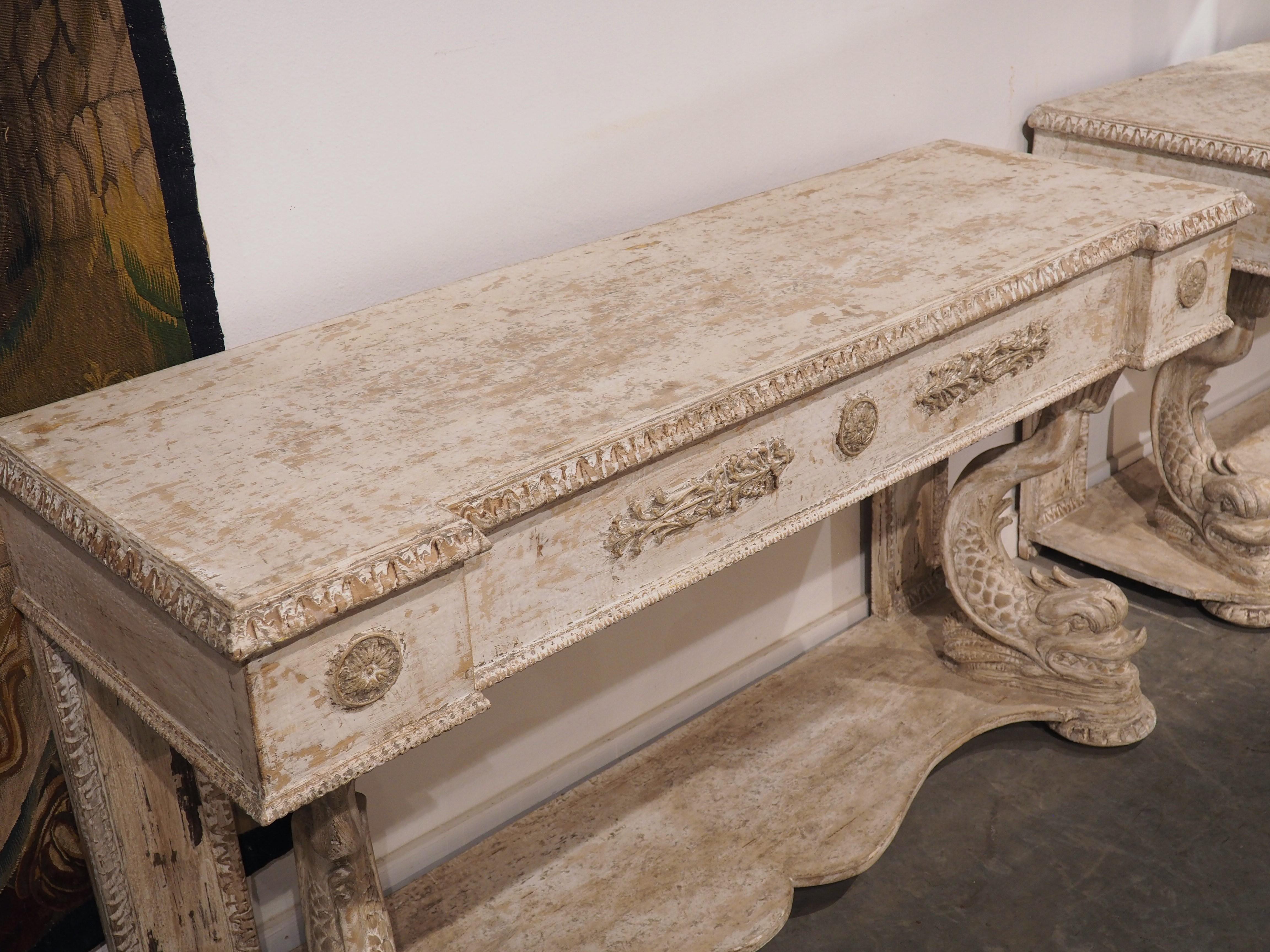 Pair of Carved and Distressed Painted Console Tables from Florence, Italy 5