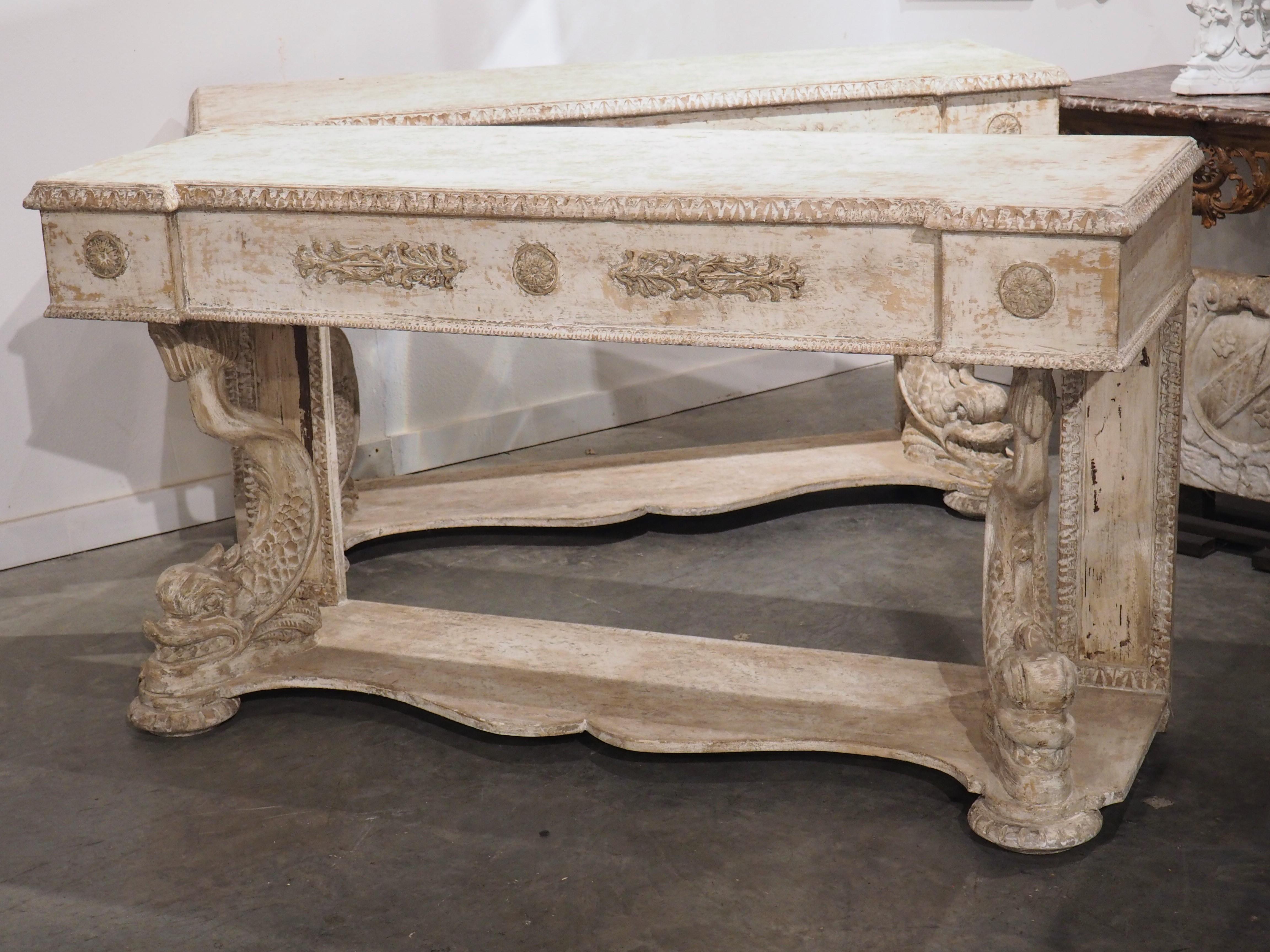 Pair of Carved and Distressed Painted Console Tables from Florence, Italy 10