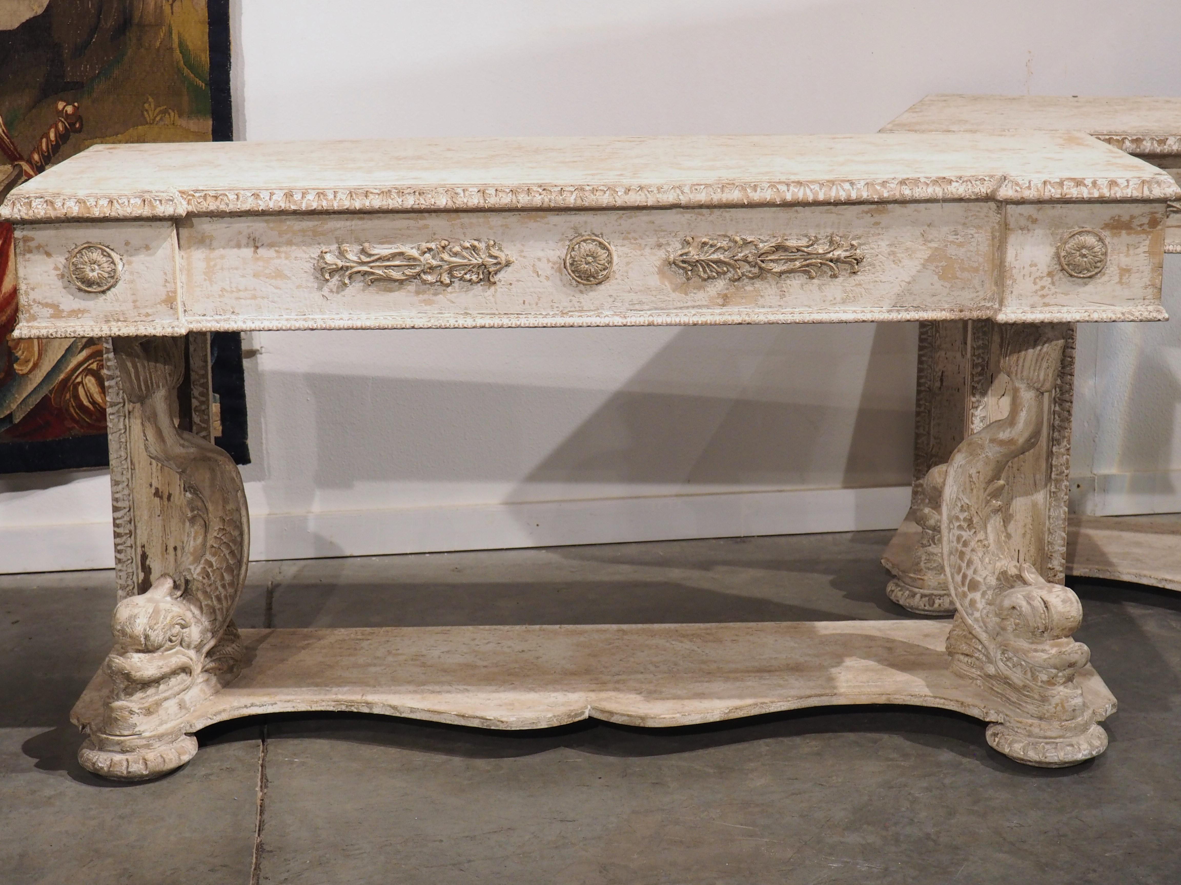 Pair of Carved and Distressed Painted Console Tables from Florence, Italy 11