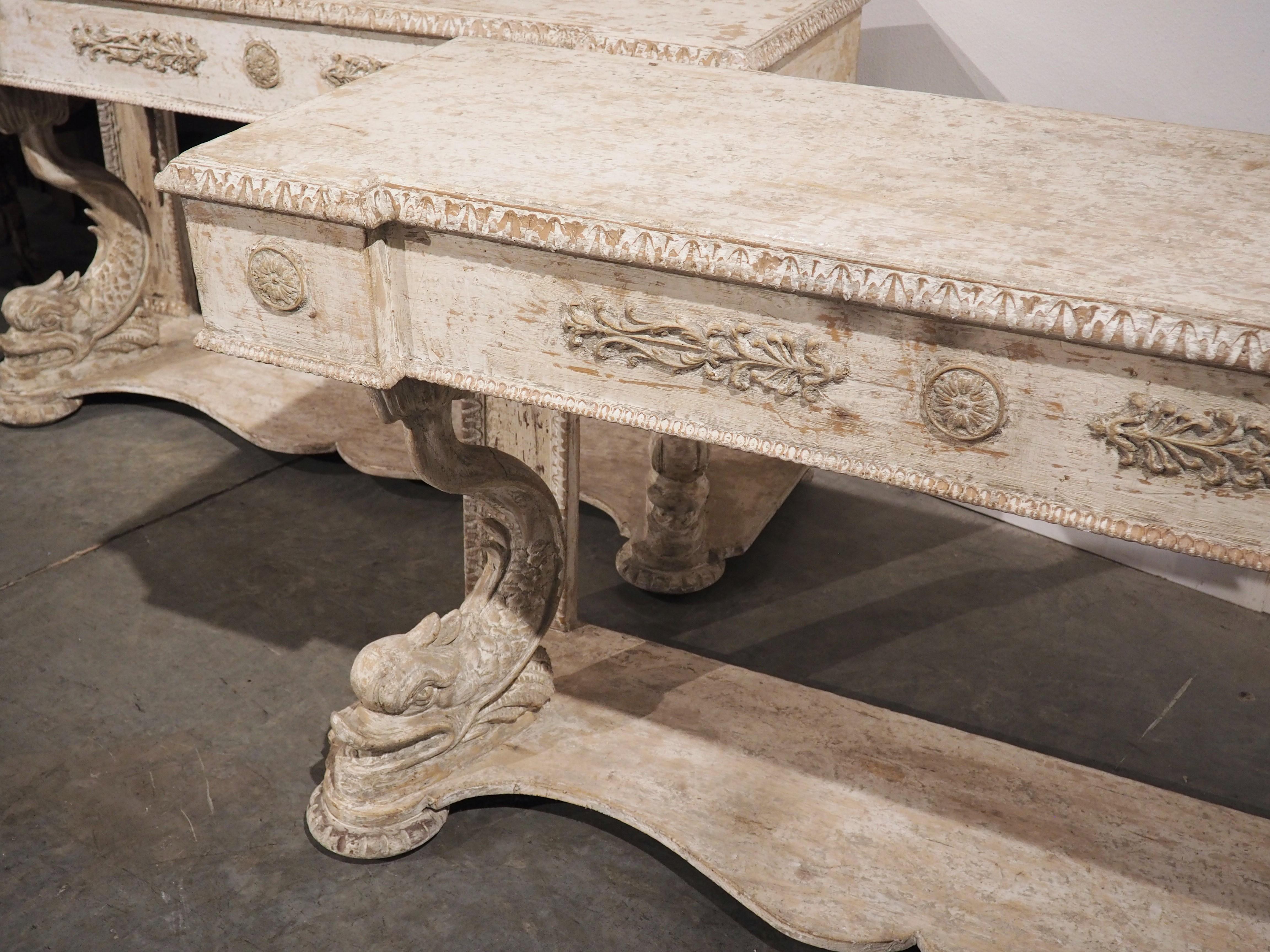 Pair of Carved and Distressed Painted Console Tables from Florence, Italy 12