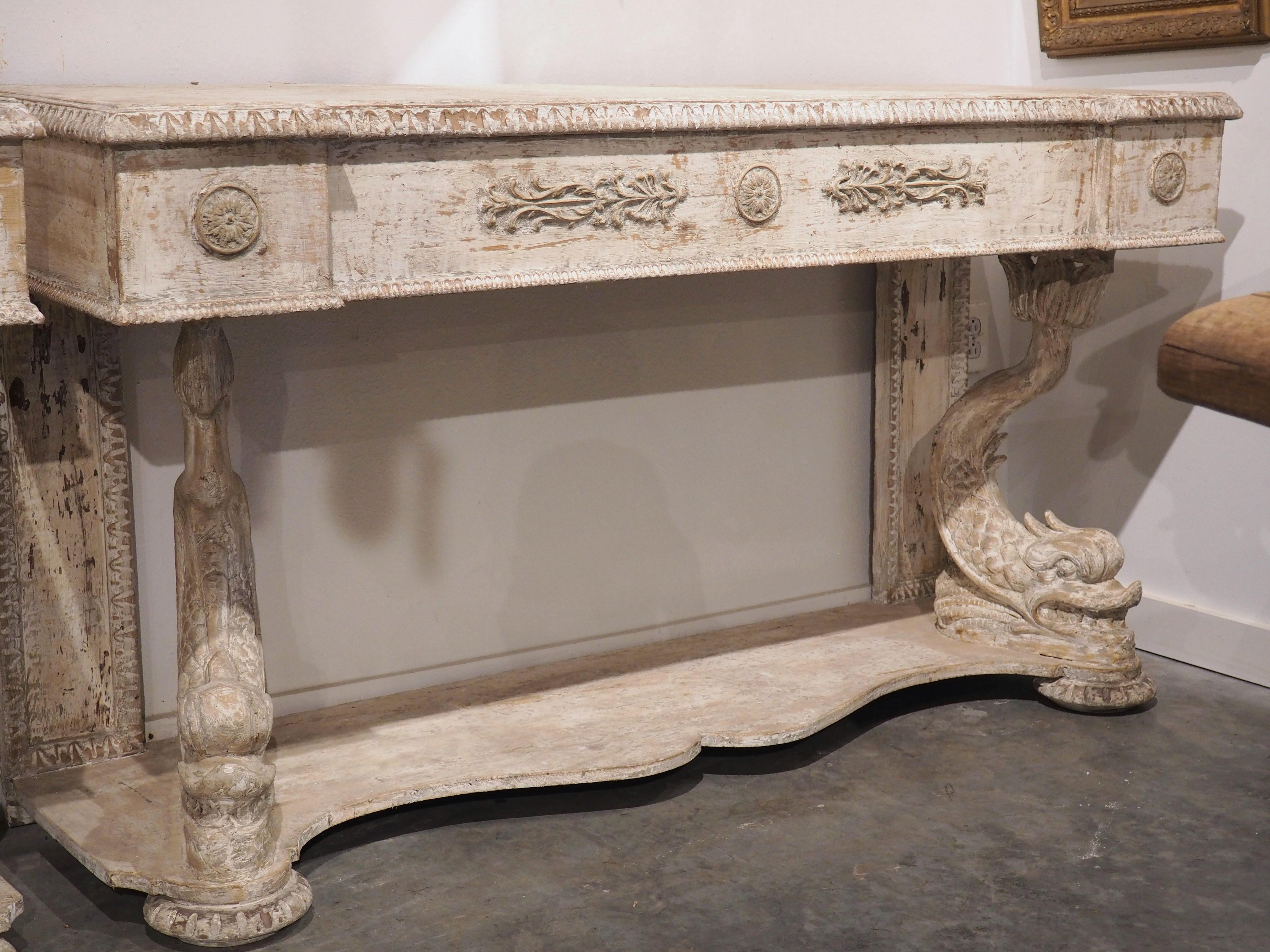 Neoclassical Pair of Carved and Distressed Painted Console Tables from Florence, Italy