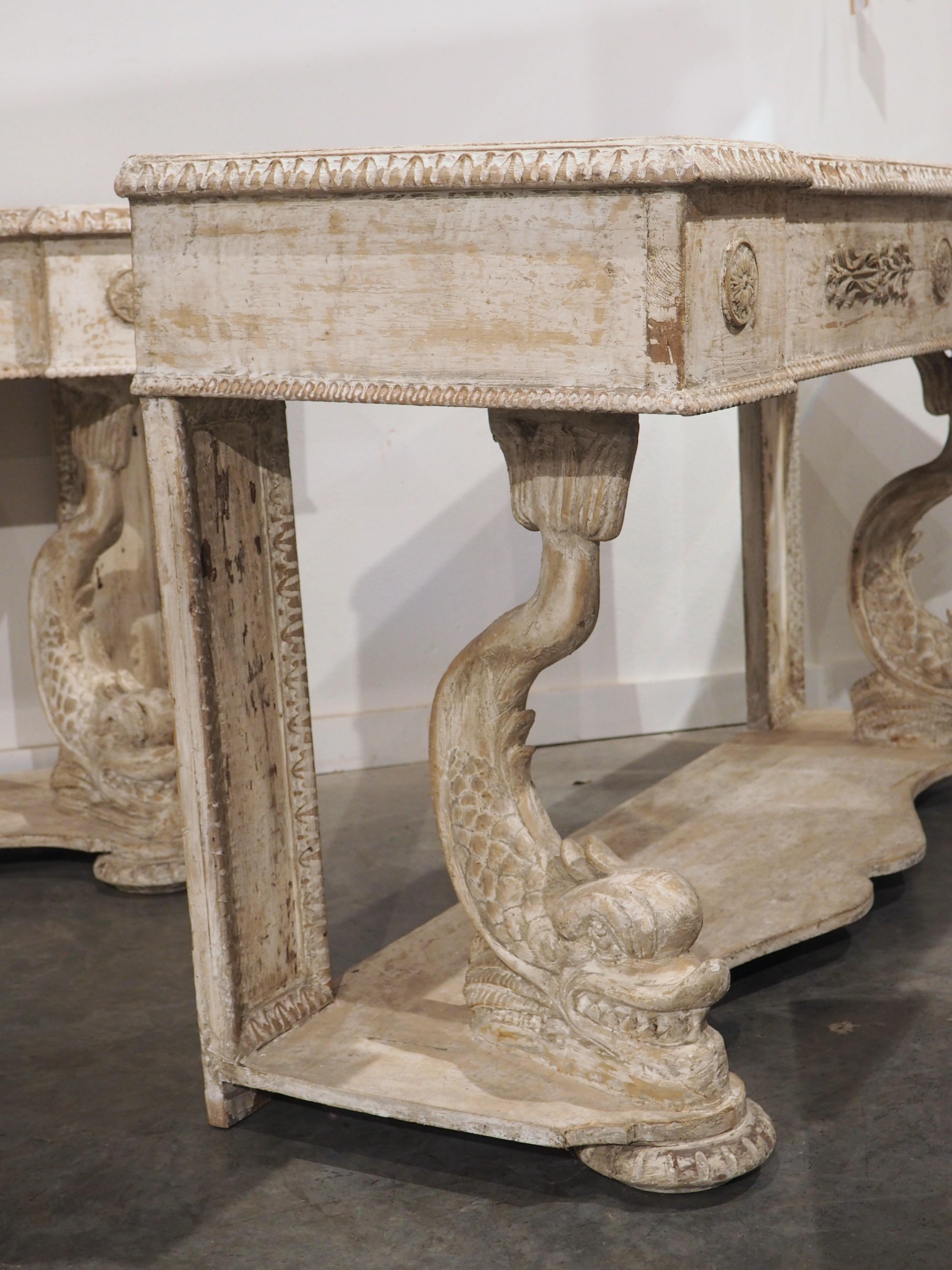 Italian Pair of Carved and Distressed Painted Console Tables from Florence, Italy