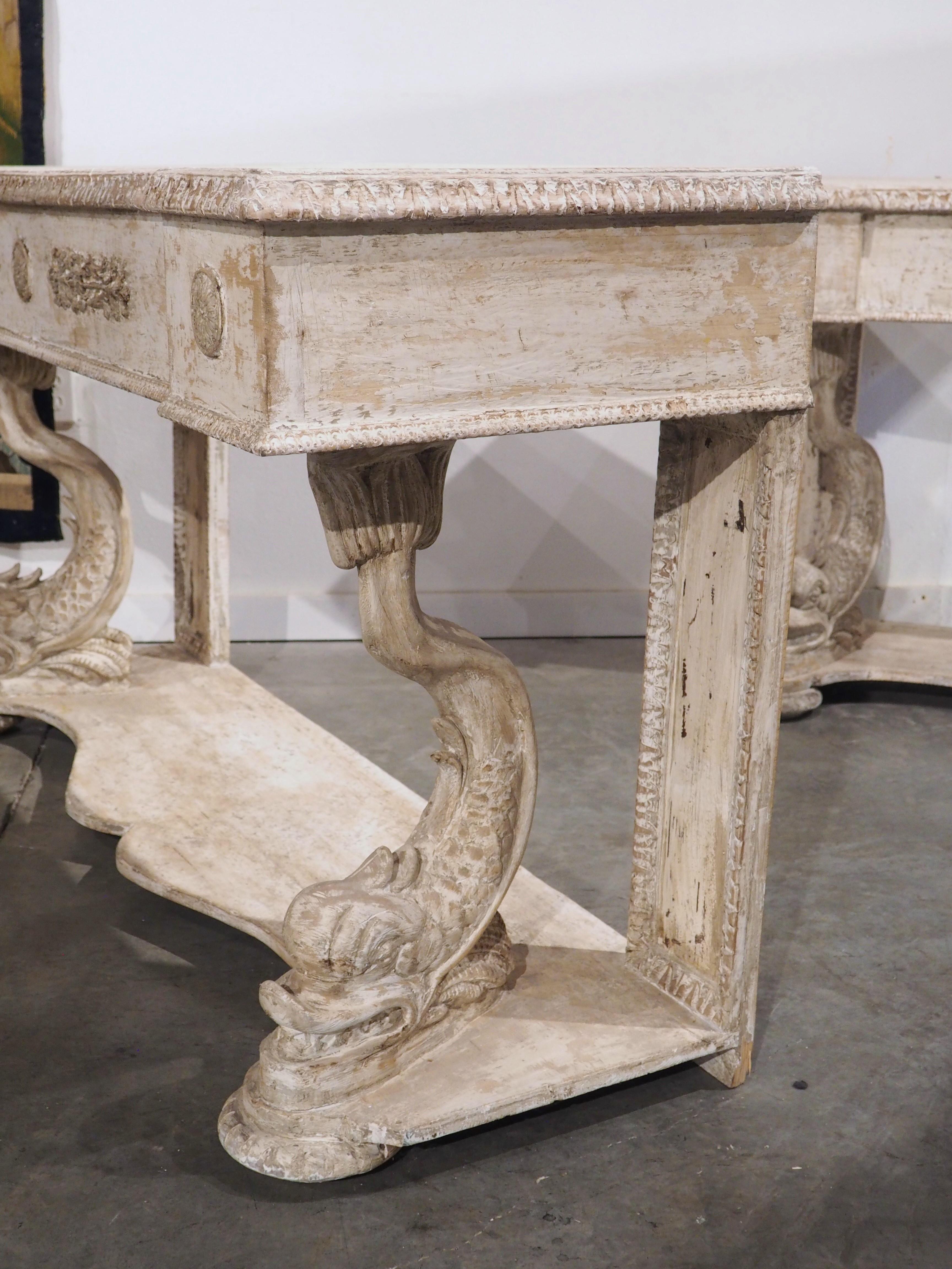Pair of Carved and Distressed Painted Console Tables from Florence, Italy In Good Condition In Dallas, TX