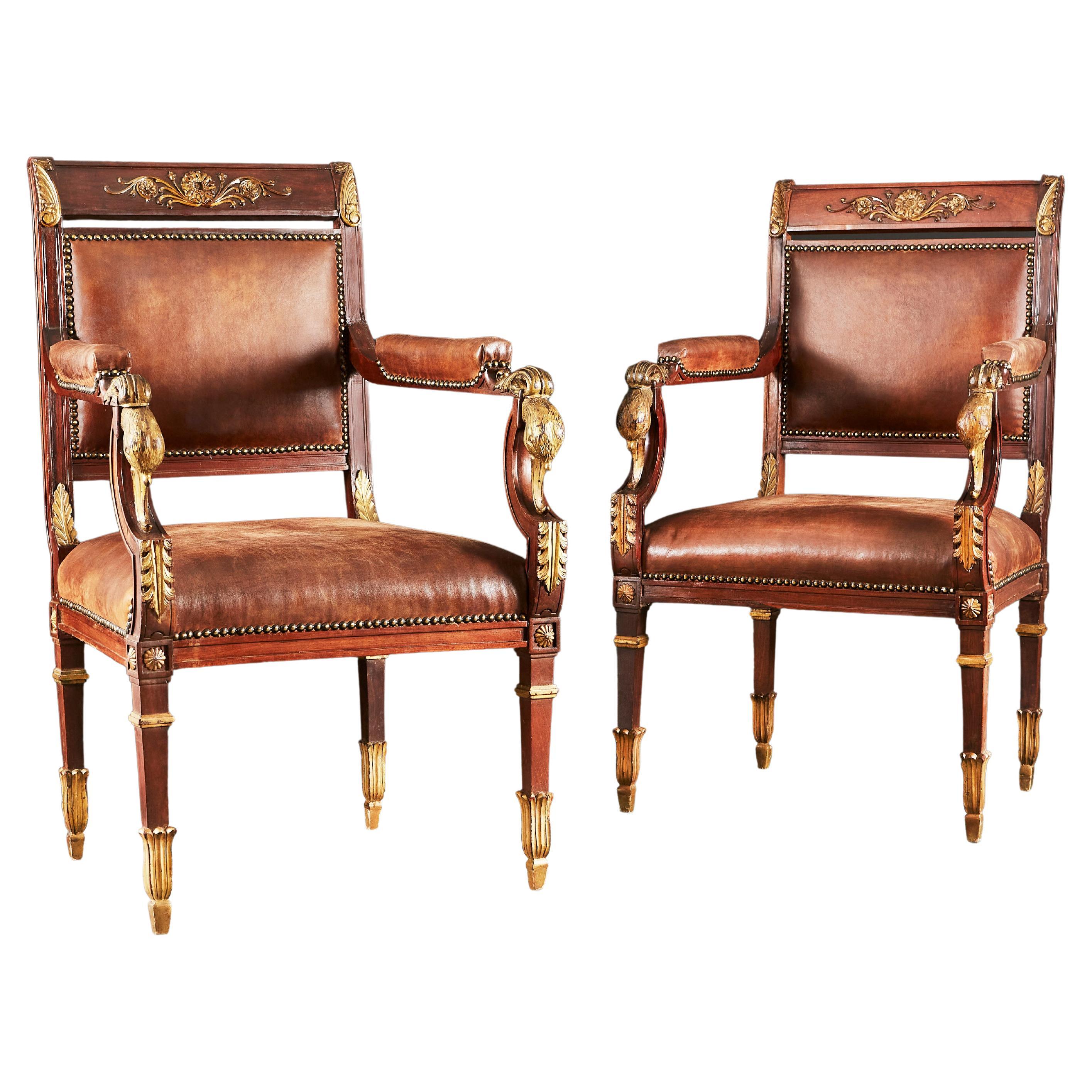 Pair of Carved and Gilded Armchairs Attributed to Maison Jansen For Sale