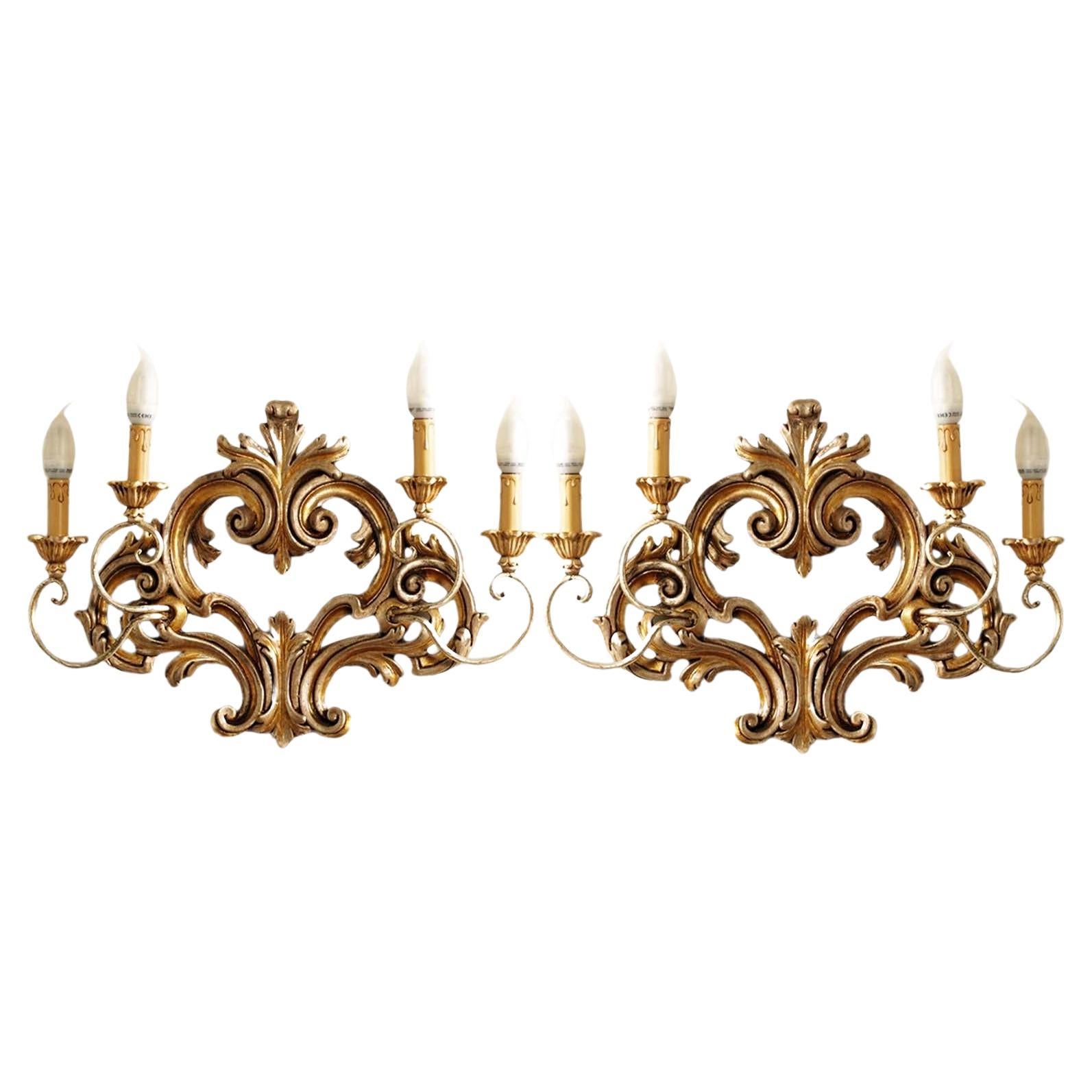 Pair of Carved and Gilded Wood Ornamental Sconces Testolini Freres Venetian work For Sale