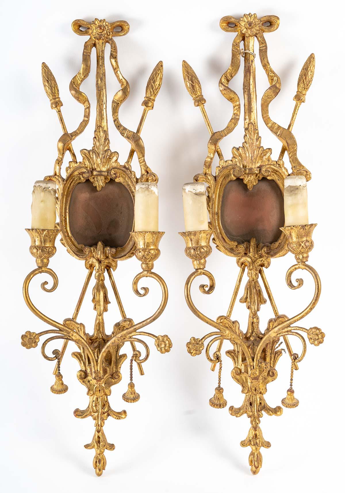 Napoleon III Pair of Carved and Gilded Wood Sconces, Italian work For Sale