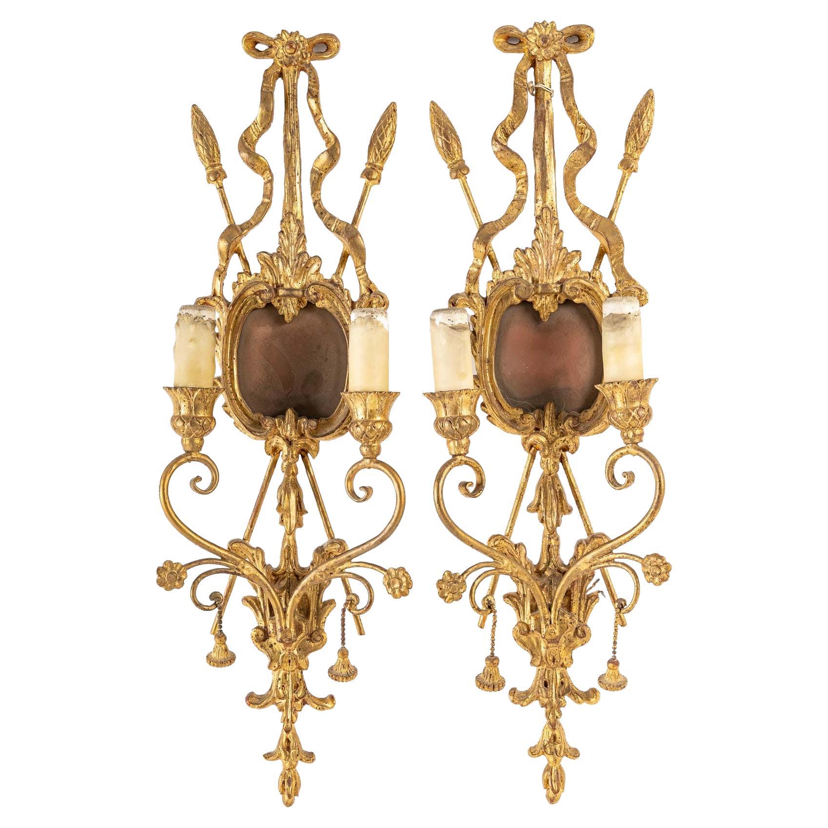 Pair of Carved and Gilded Wood Sconces, Italian work For Sale