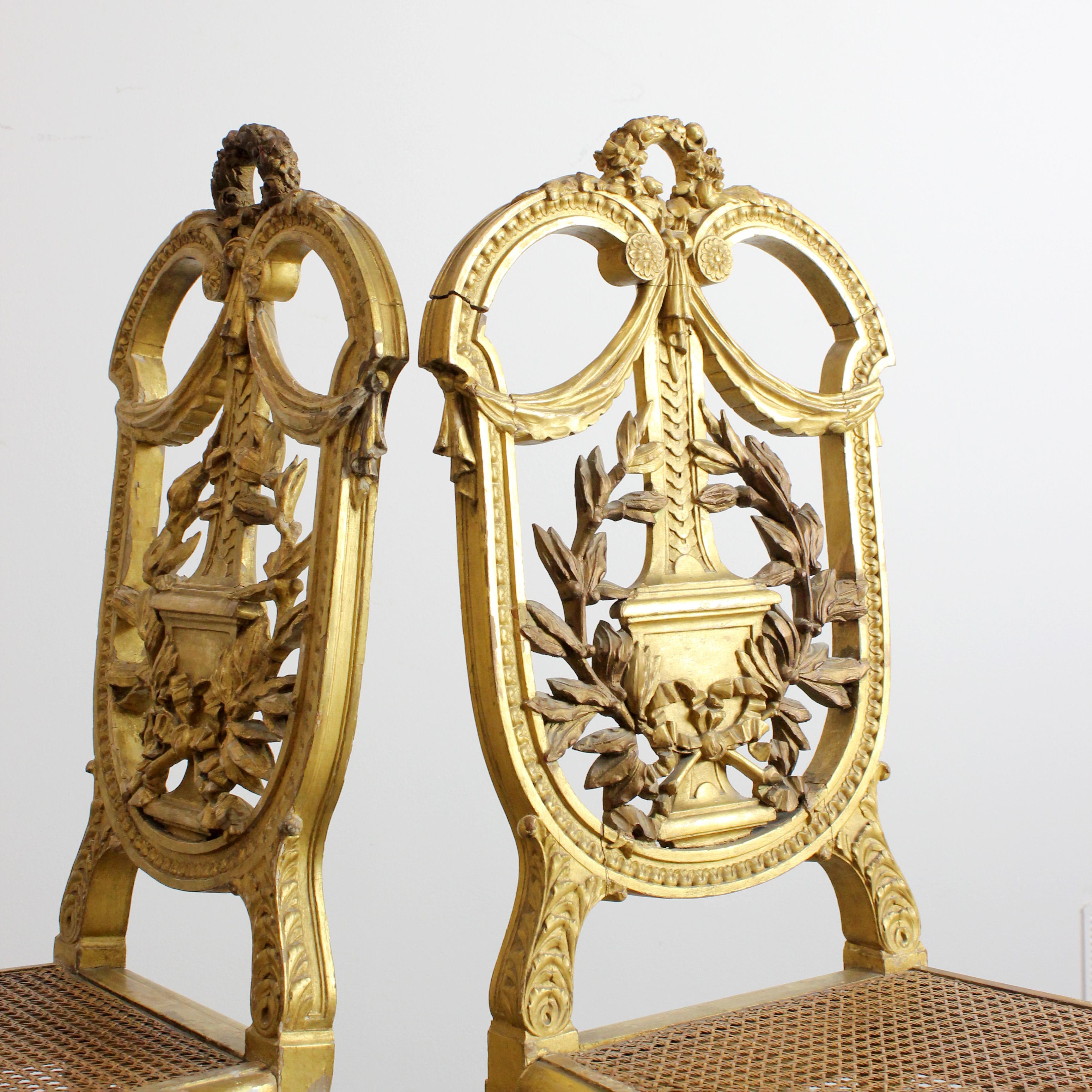 Pair of carved and gilded wooden chairs with lattice seat - Louis XVI - For Sale 4