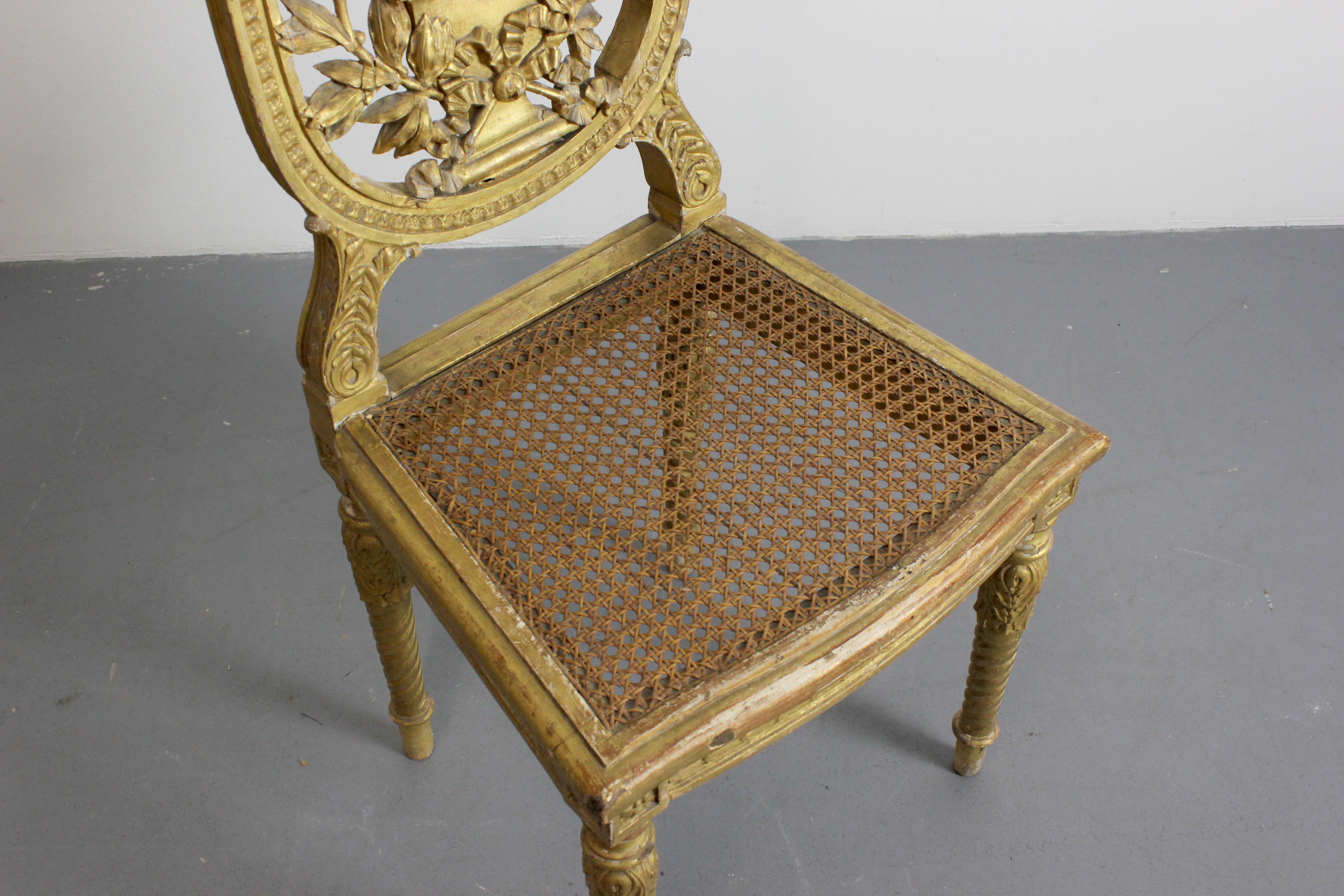 Pair of carved and gilded wooden chairs with lattice seat - Louis XVI - For Sale 8