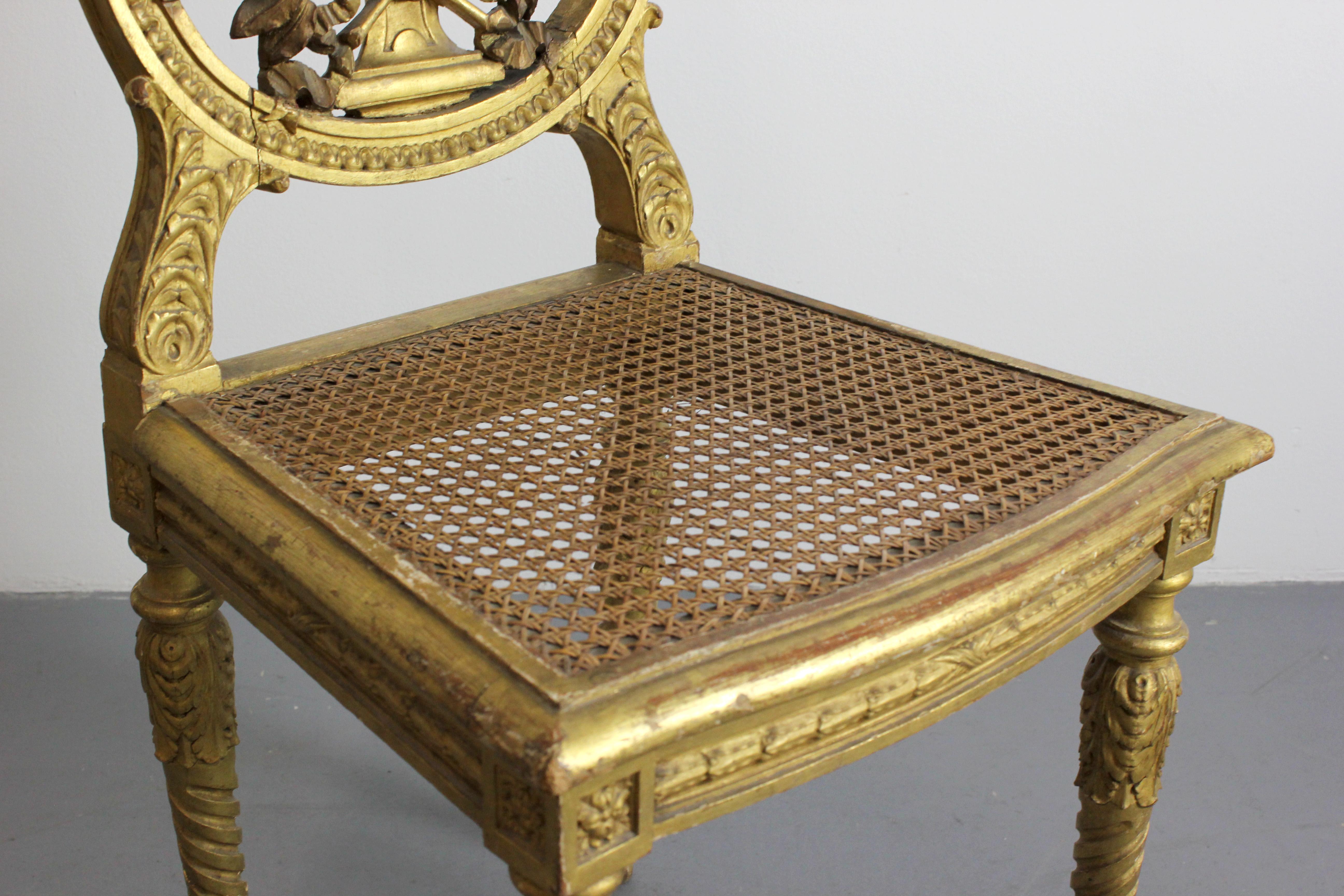 Pair of carved and gilded wooden chairs with lattice seat - Louis XVI - For Sale 9