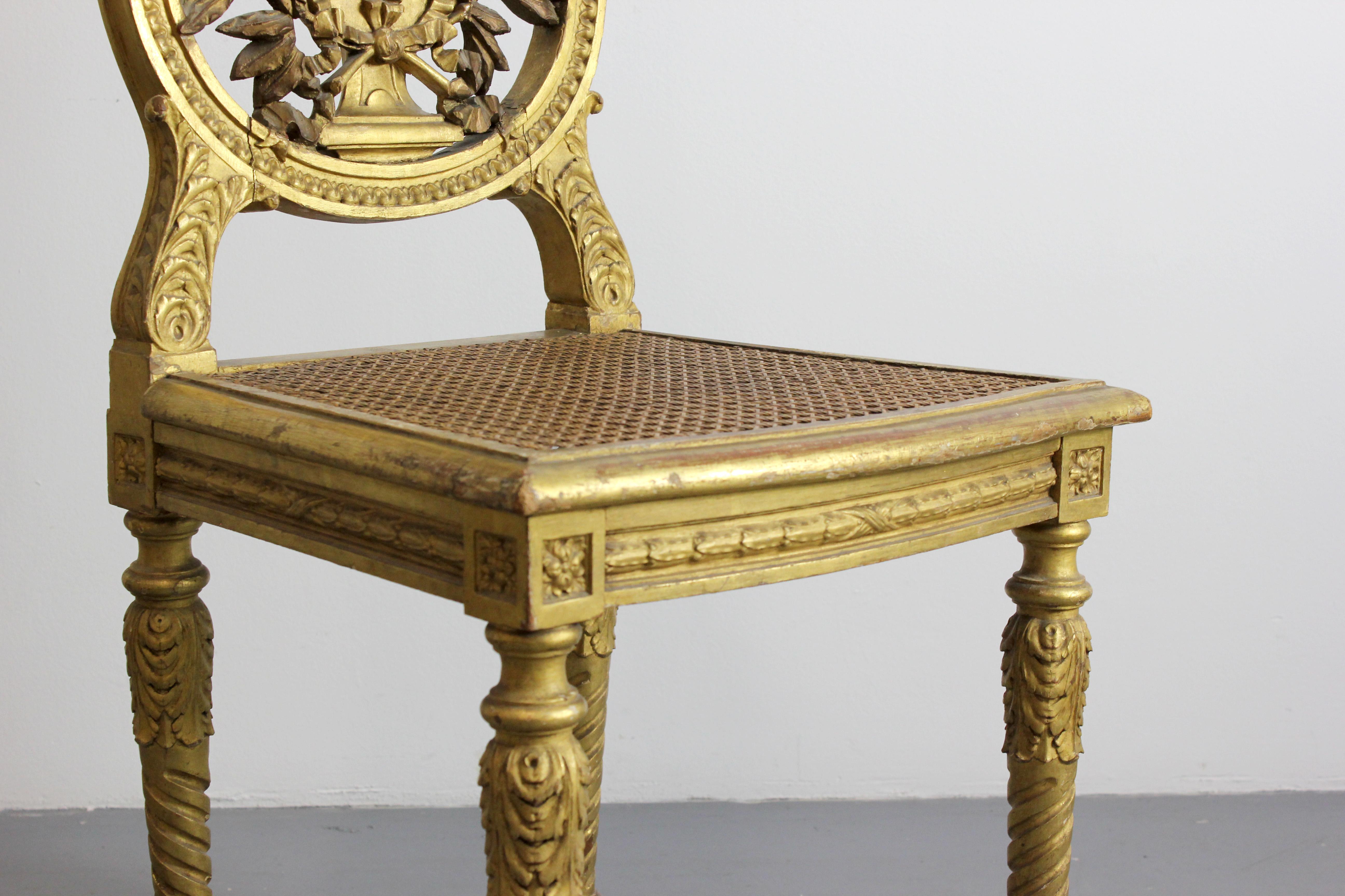 Pair of carved and gilded wooden chairs with lattice seat - Louis XVI - For Sale 10