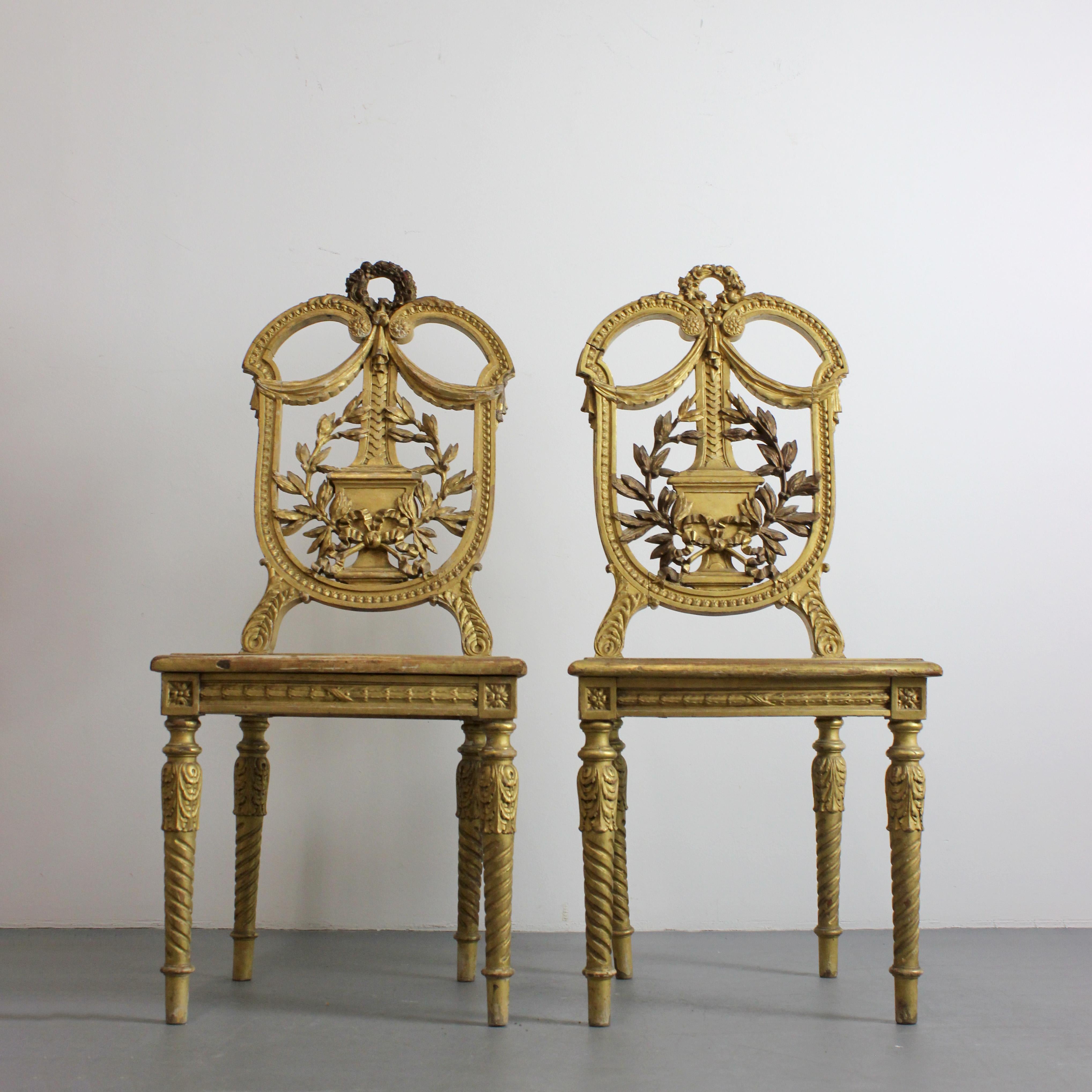 Pair of carved and gilded wooden chairs with lattice seat - Louis XVI - For Sale 11