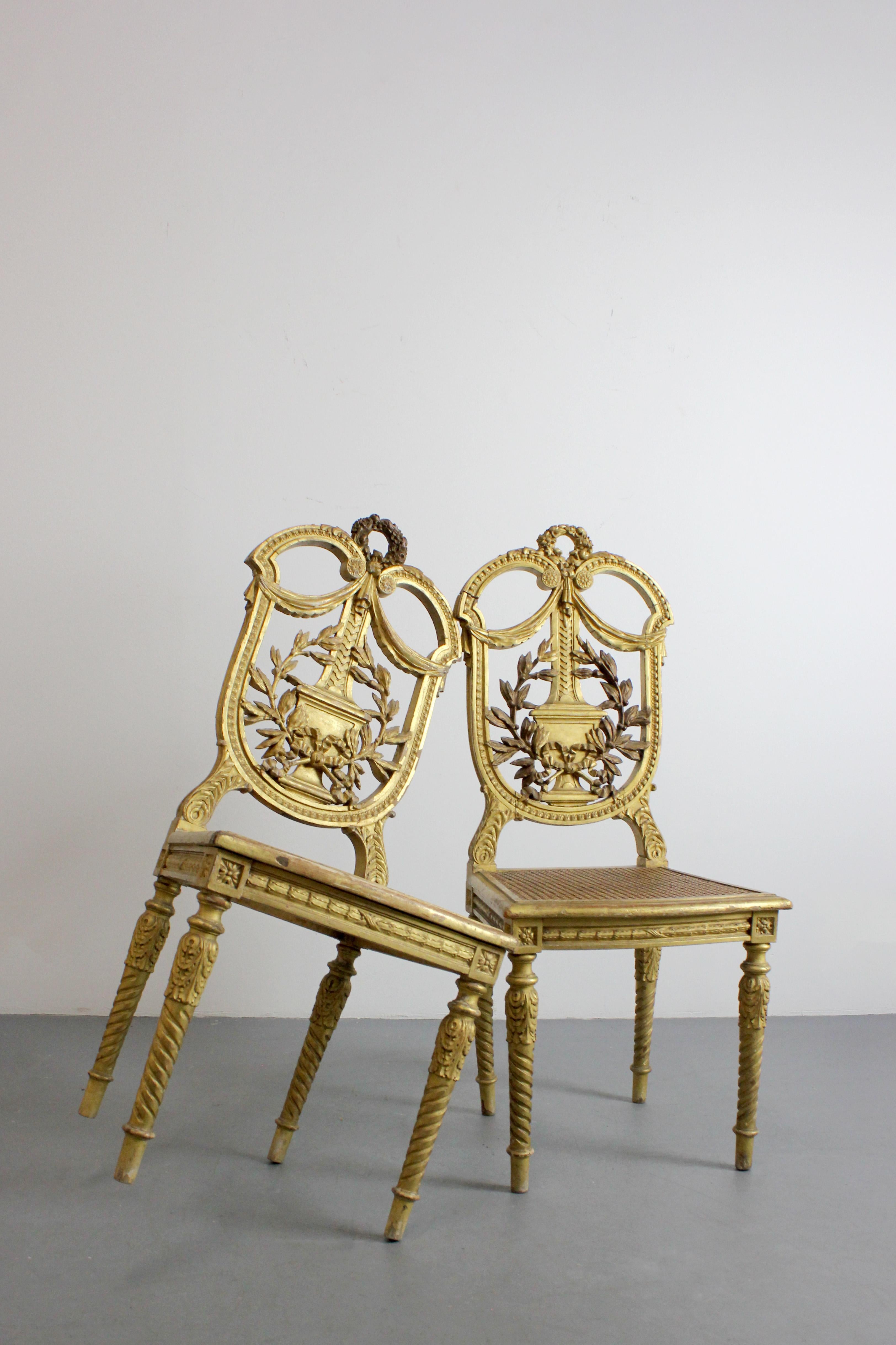 Pair of carved and gilded wooden chairs with lattice seat - Louis XVI - For Sale 13