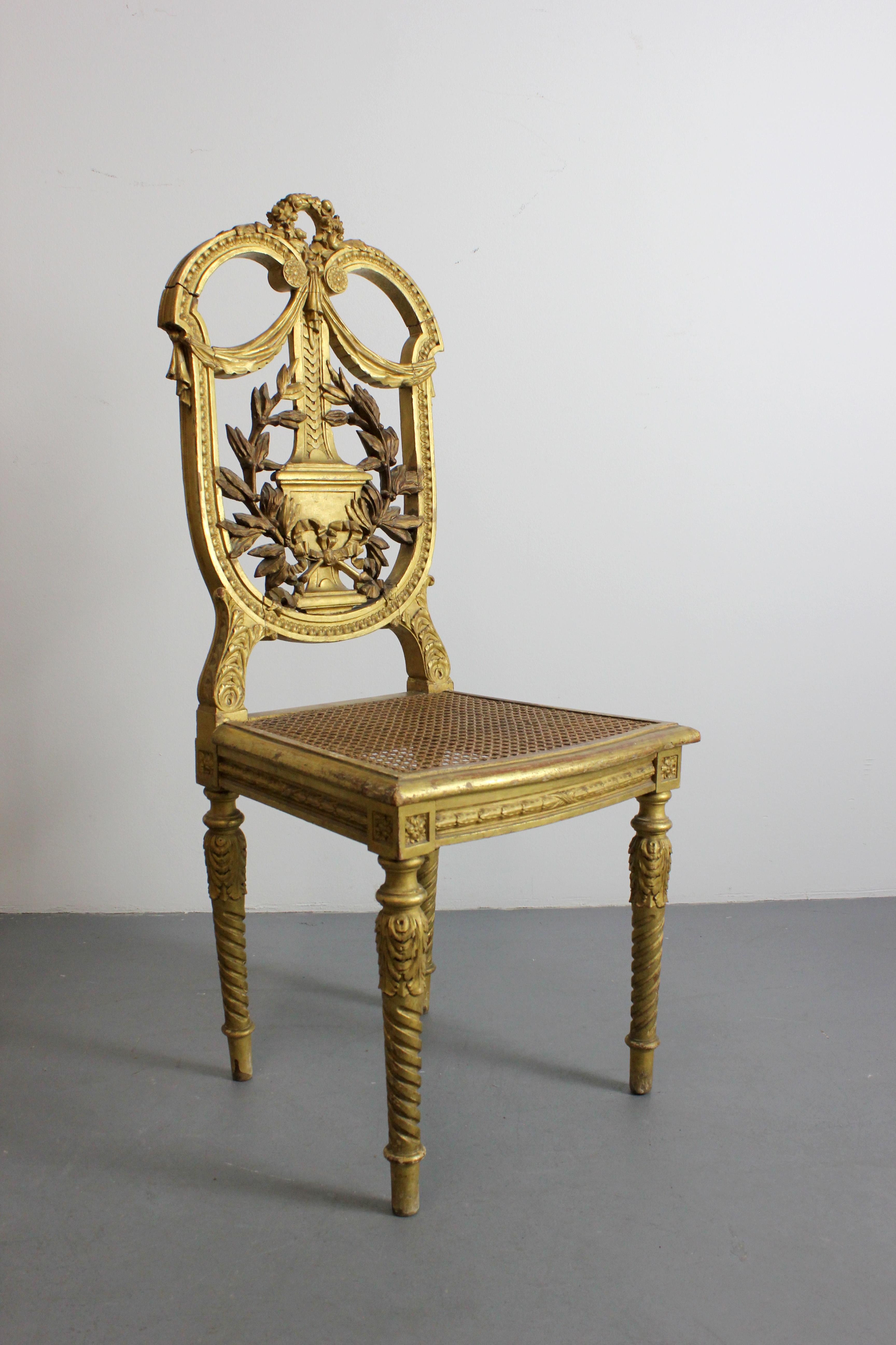 Wood Pair of carved and gilded wooden chairs with lattice seat - Louis XVI - For Sale