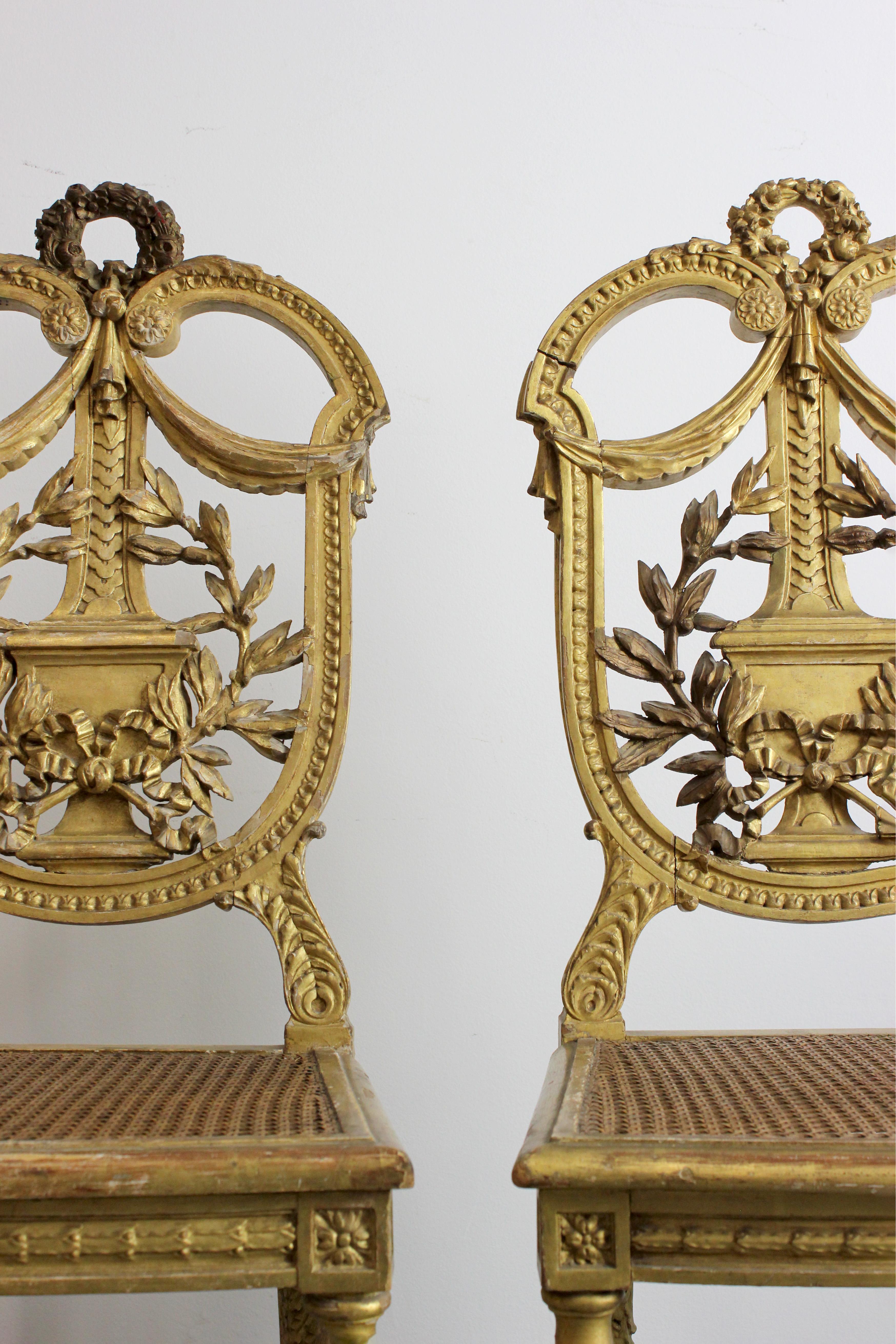 Pair of carved and gilded wooden chairs with lattice seat - Louis XVI - For Sale 3