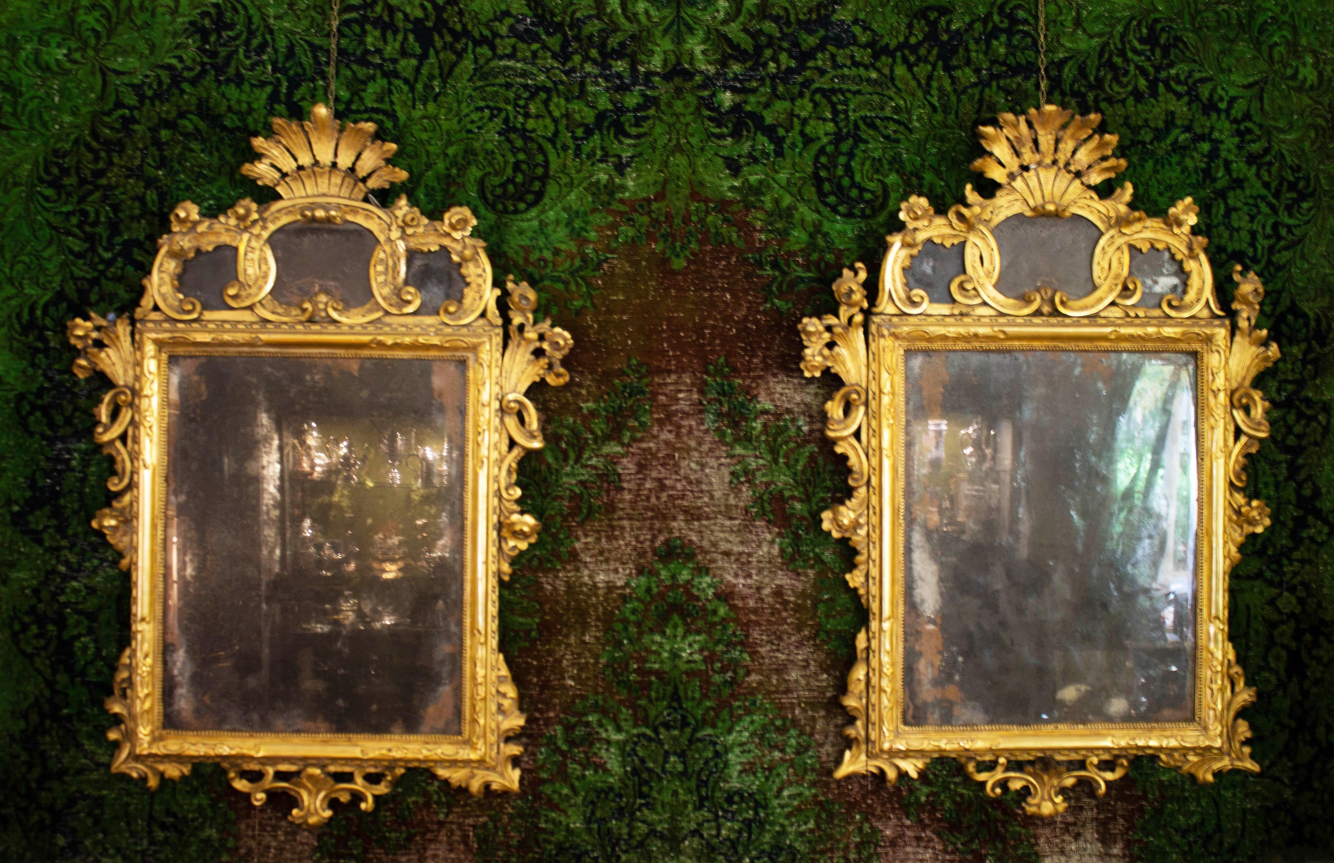 Italian Pair of Carved and Gilded Wooden Mirrors from the 18th Century Made in Sicily