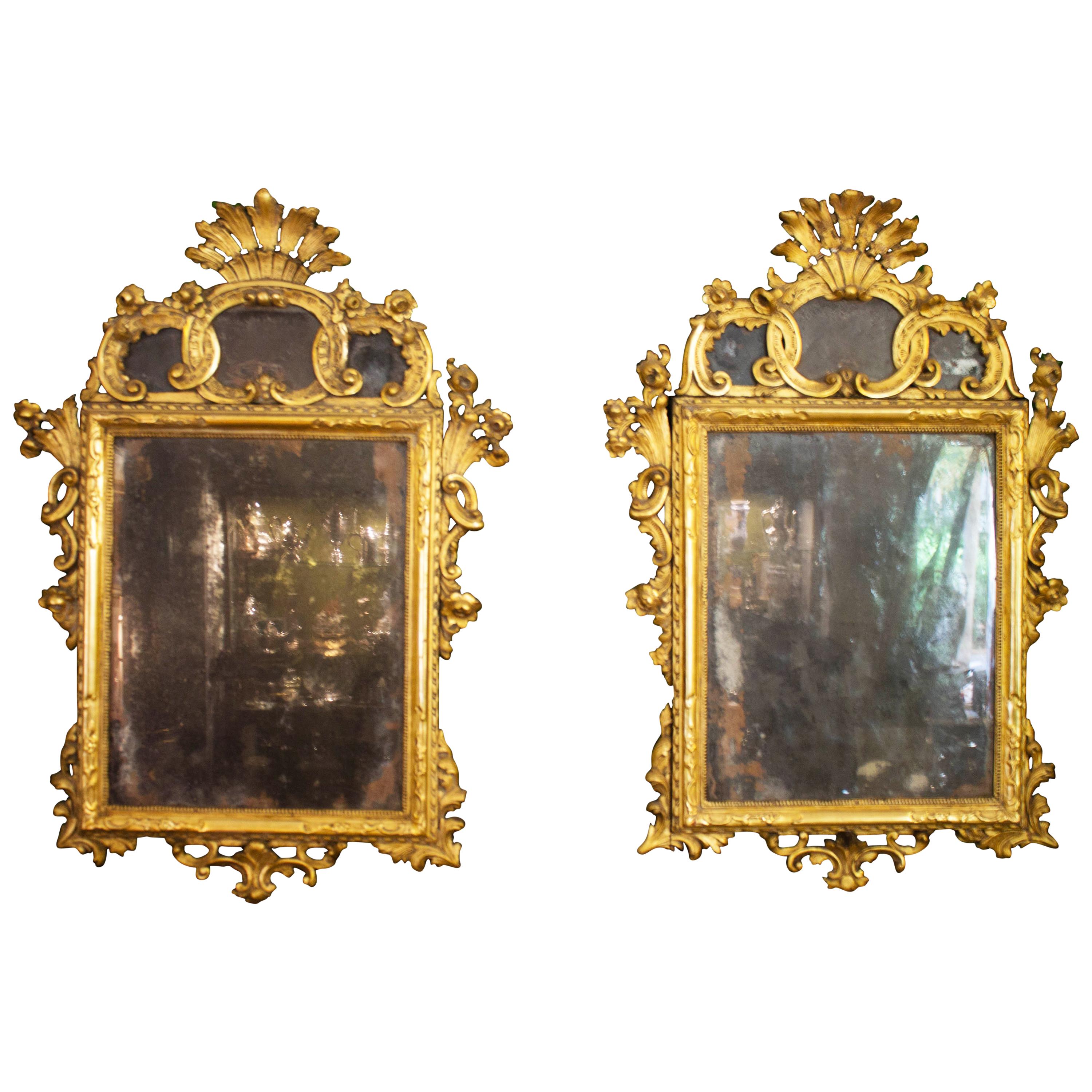 Pair of Carved and Gilded Wooden Mirrors from the 18th Century Made in Sicily