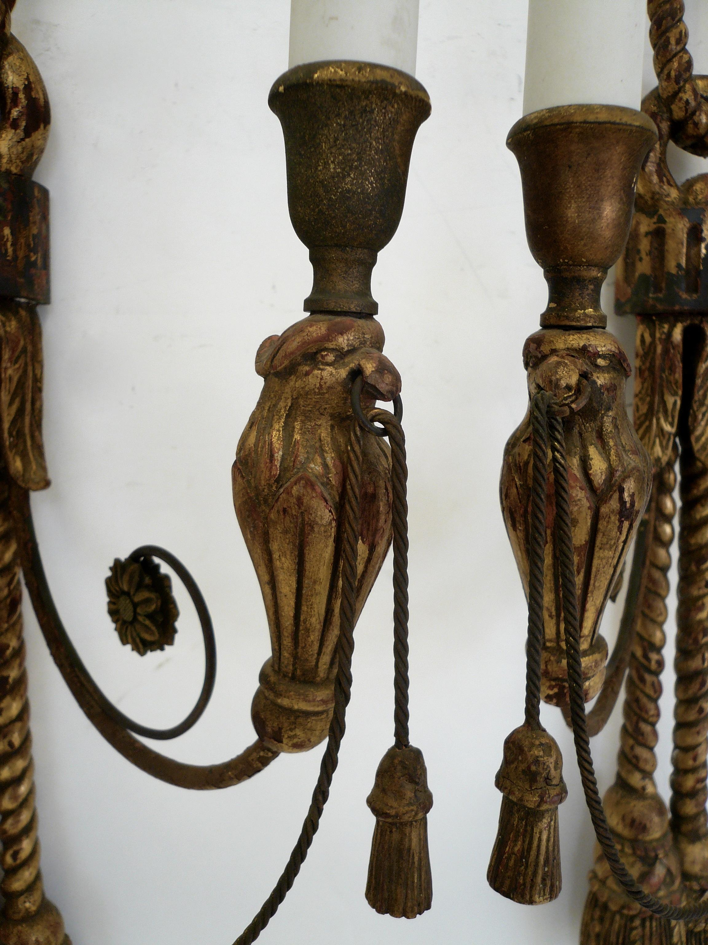 Pair of Carved and Giltwood Georgian Style Two Light Sconces by E. F. Caldwell In Good Condition For Sale In Pittsburgh, PA