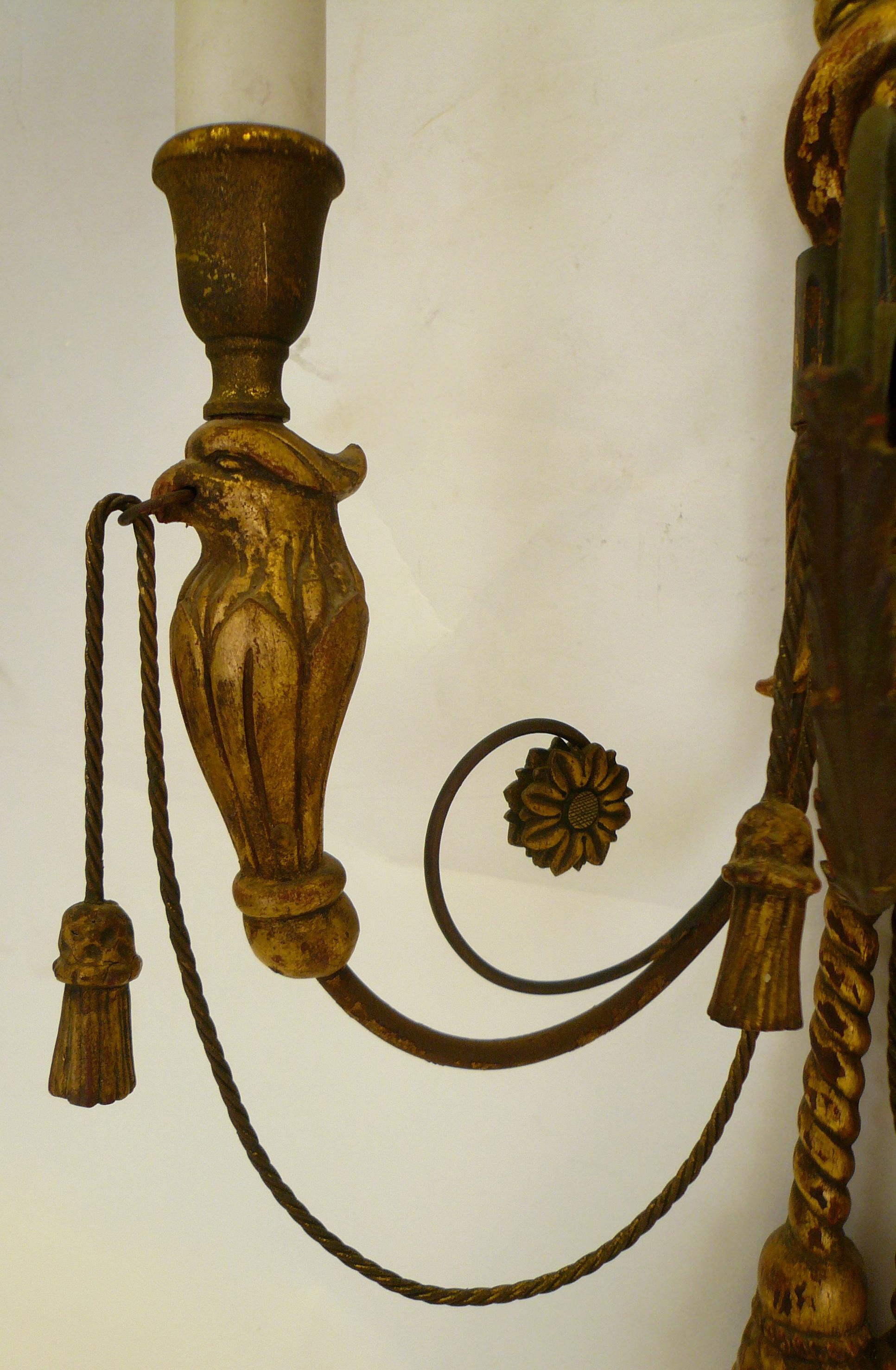 Pair of Carved and Giltwood Georgian Style Two Light Sconces by E. F. Caldwell For Sale 1