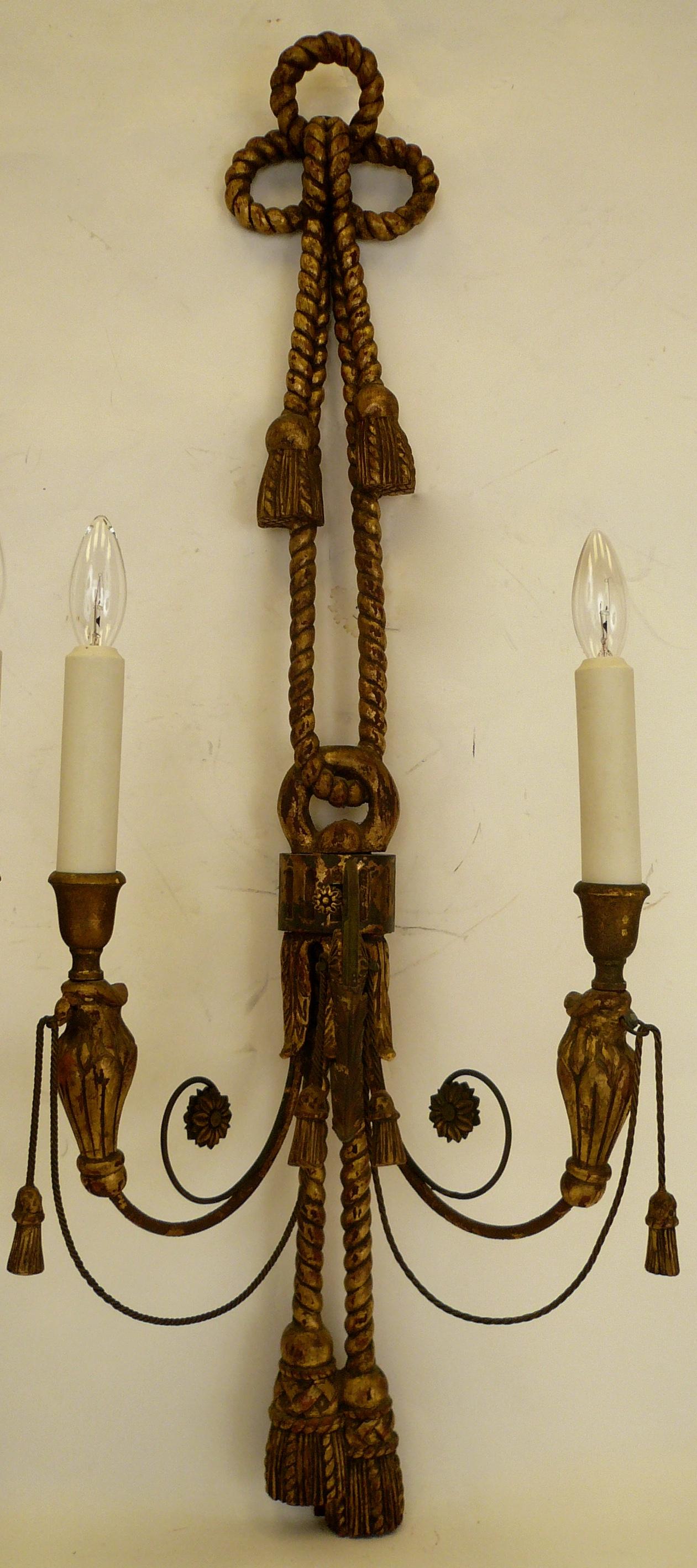 Pair of Carved and Giltwood Georgian Style Two Light Sconces by E. F. Caldwell For Sale 2