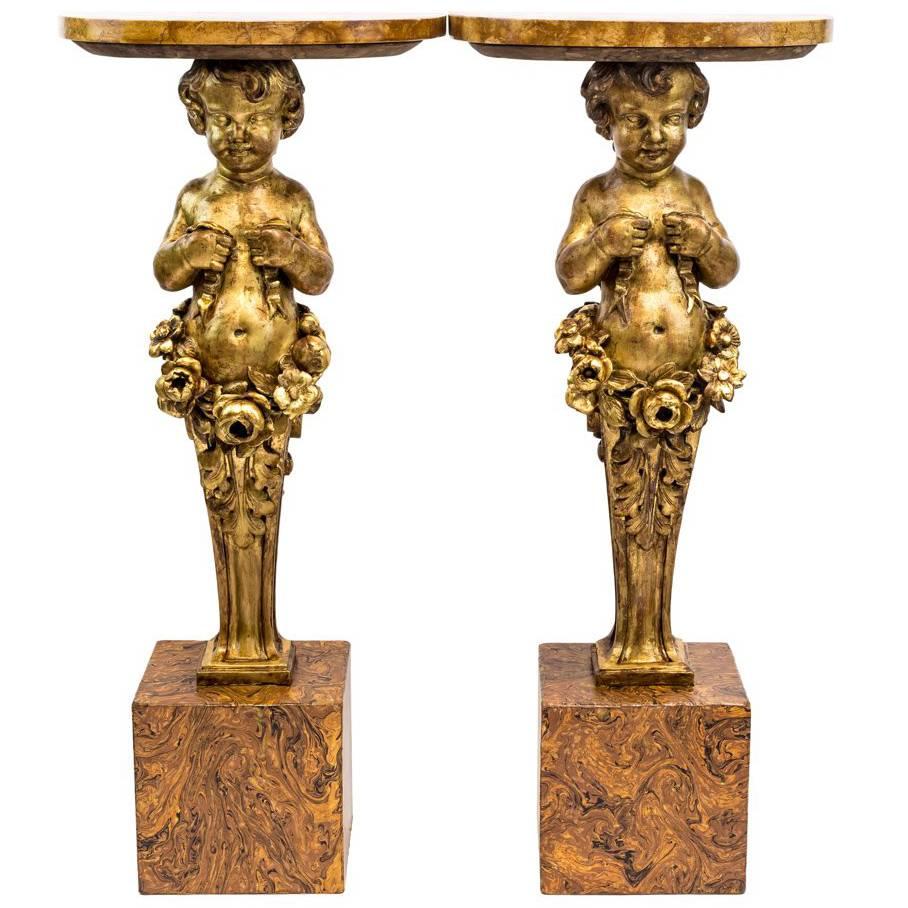 Pair of Carved and Giltwood Putti Console, Late 19th Century