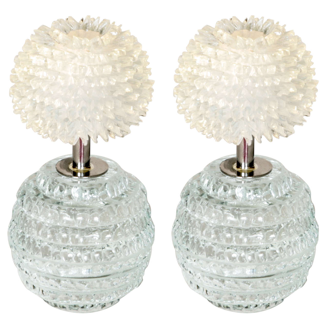 Pair of carved and hand polished glass 'Dandelion' Lamps with crystal shades