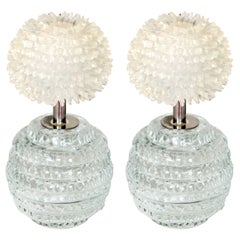 Pair of carved and hand polished glass 'Dandelion' Lamps with crystal shades