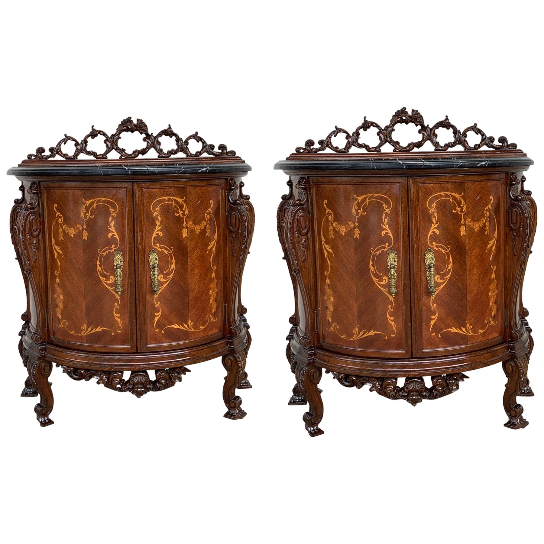 Pair of Carved and Marquetry Nightstands with Two Doors and Hidden Drawer For Sale
