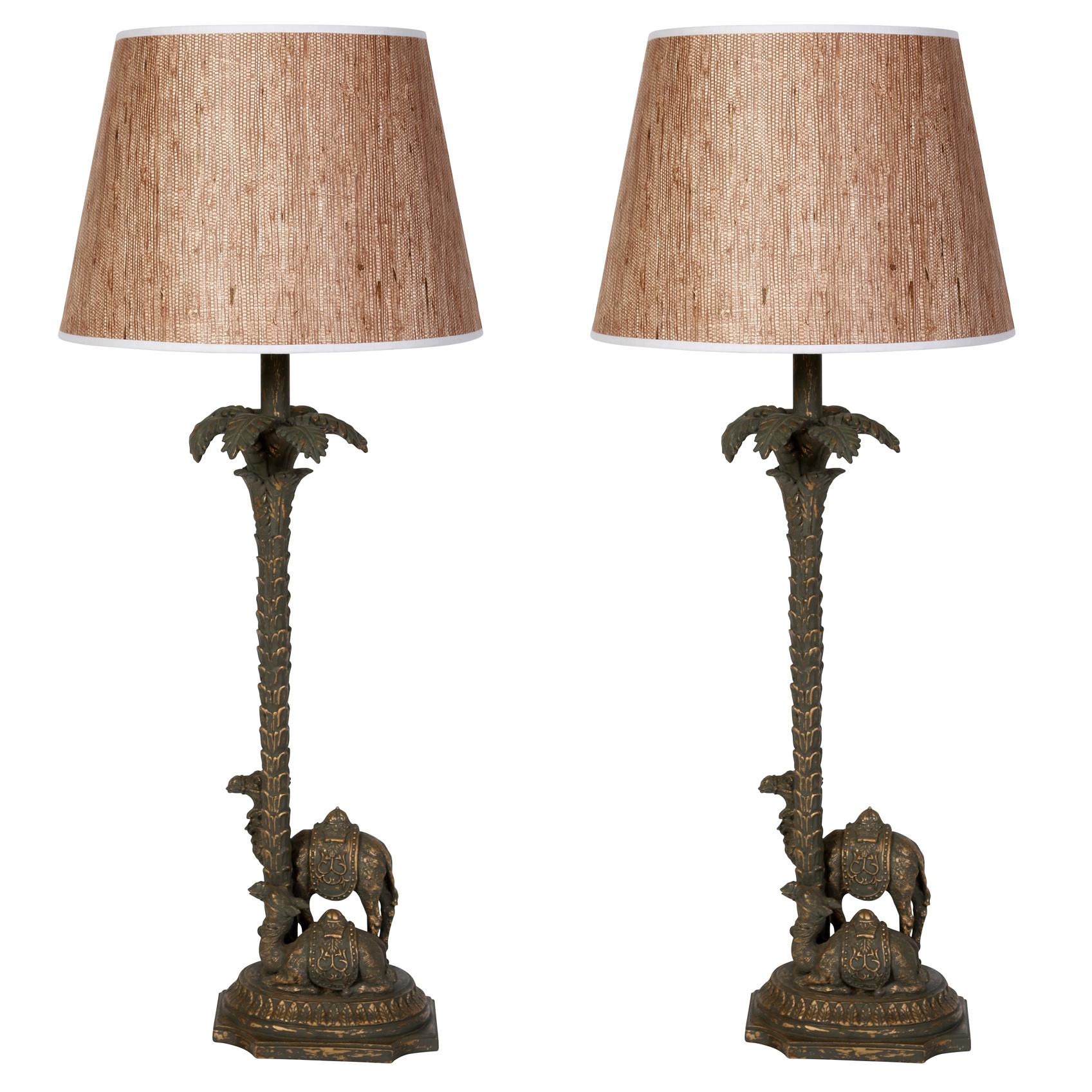 Pair of Carved and Painted Camel and Palm Tree Table Lamps In Good Condition For Sale In Locust Valley, NY