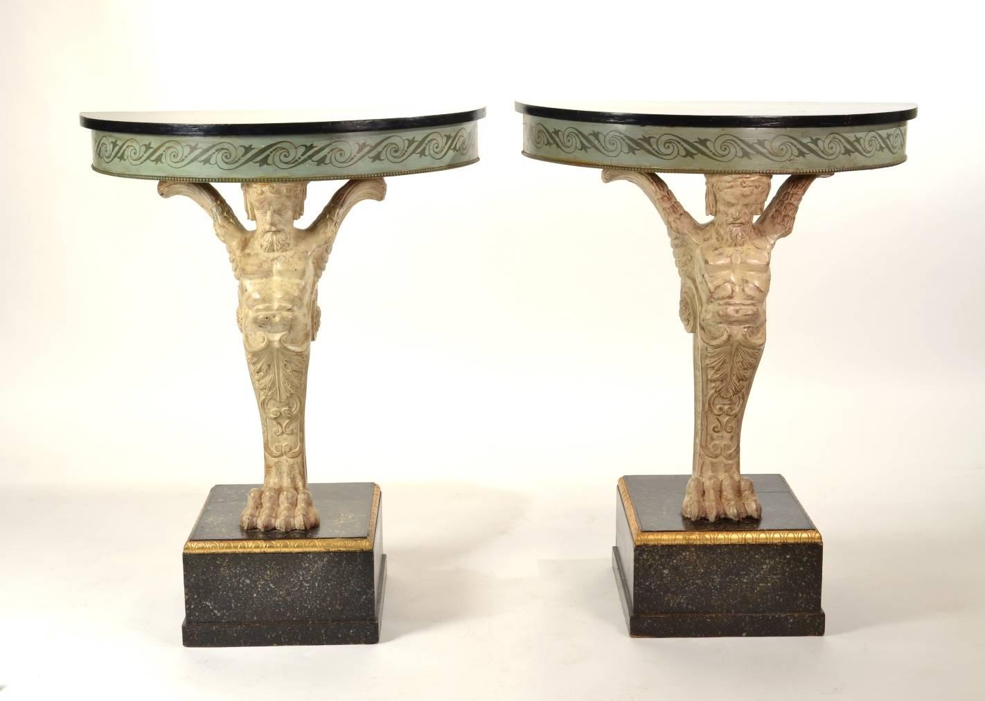 Pair of Carved and Painted Demilune Console Tables, circa 1950-1960 For Sale 5