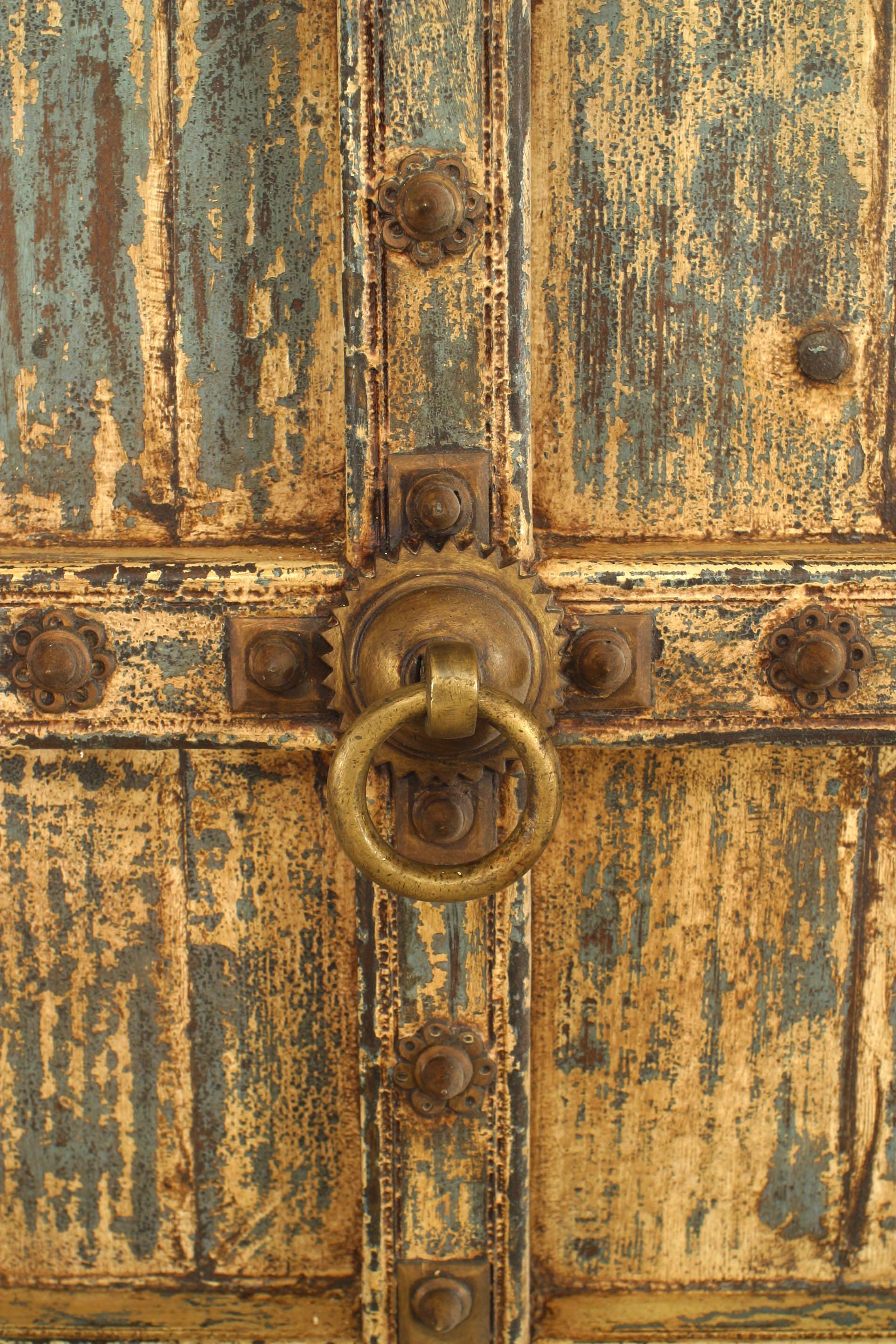 Wood Pair of Indian Blue and White Painted Carved Doors For Sale