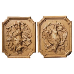 Antique Pair of Carved and Painted Oak Hunt Trophy Plaques from France, C. 1900