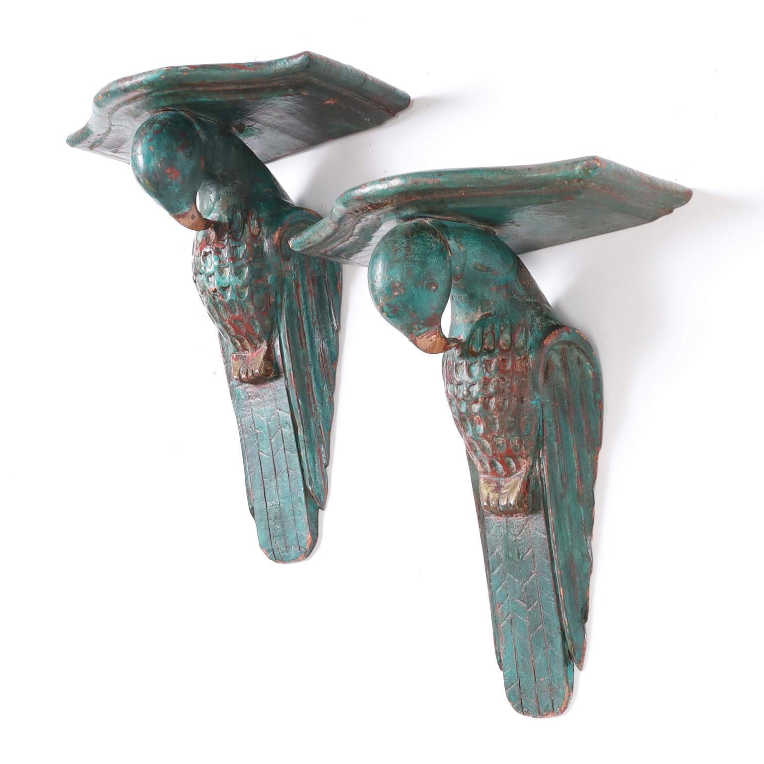 Anglo-Indian Pair of Carved and Painted Parrot Wall Brackets