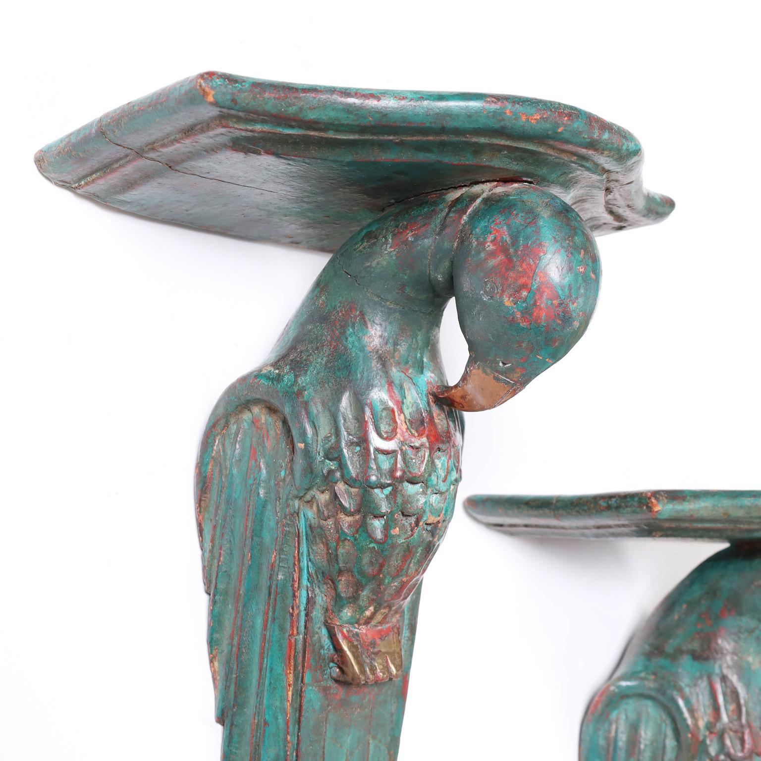 Hand-Carved Pair of Carved and Painted Parrot Wall Brackets