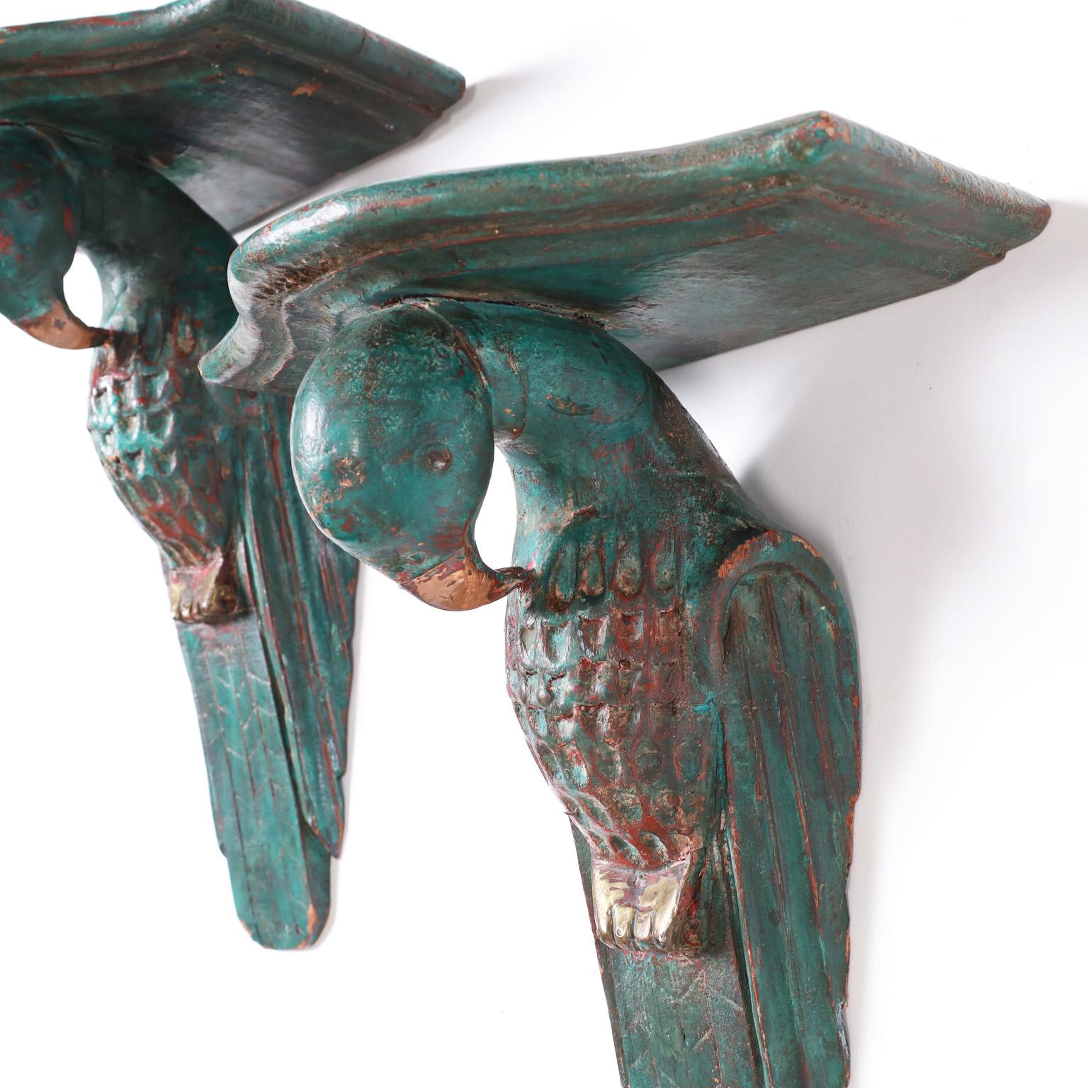 20th Century Pair of Carved and Painted Parrot Wall Brackets