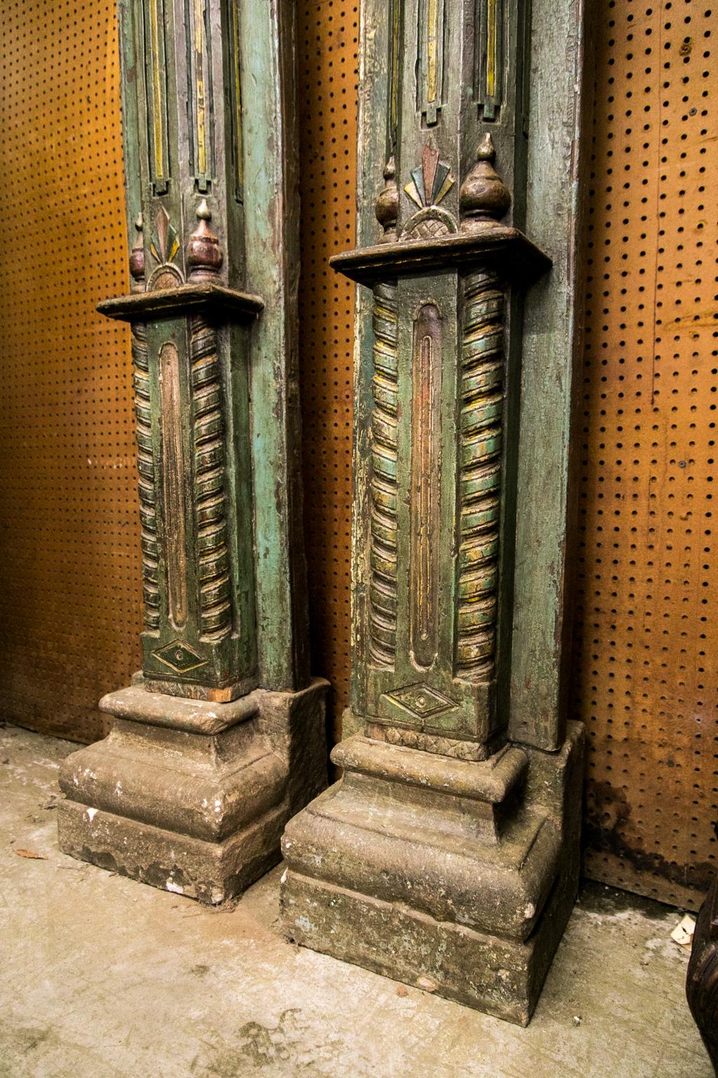 Hand-Carved Pair of Carved and Painted Pilasters