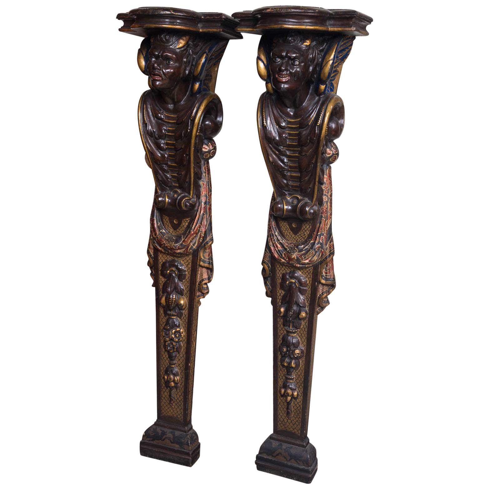 Pair of Carved and Painted Wood "Devilish" Pilasters For Sale