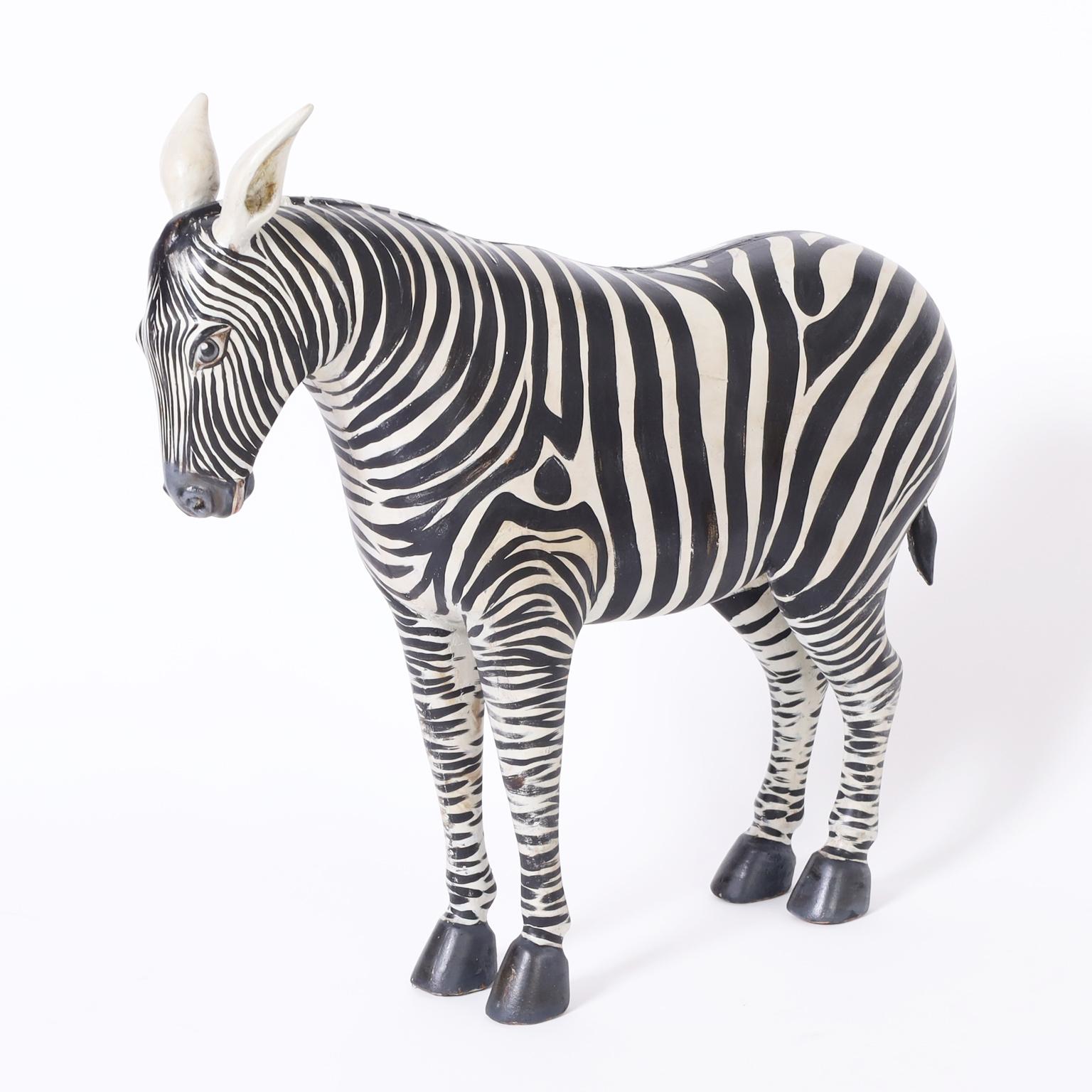 Mid-Century Modern Pair of Carved and Painted Zebra Figures