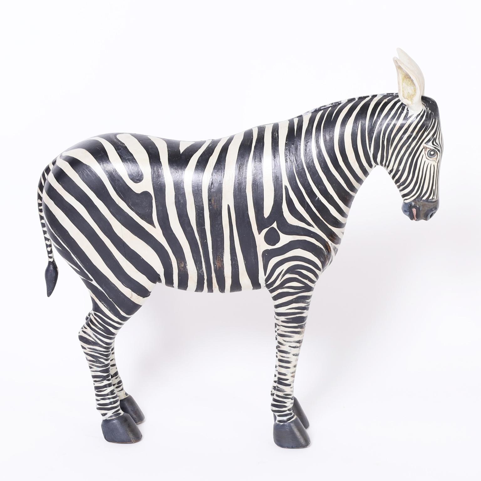 Hand-Carved Pair of Carved and Painted Zebra Figures