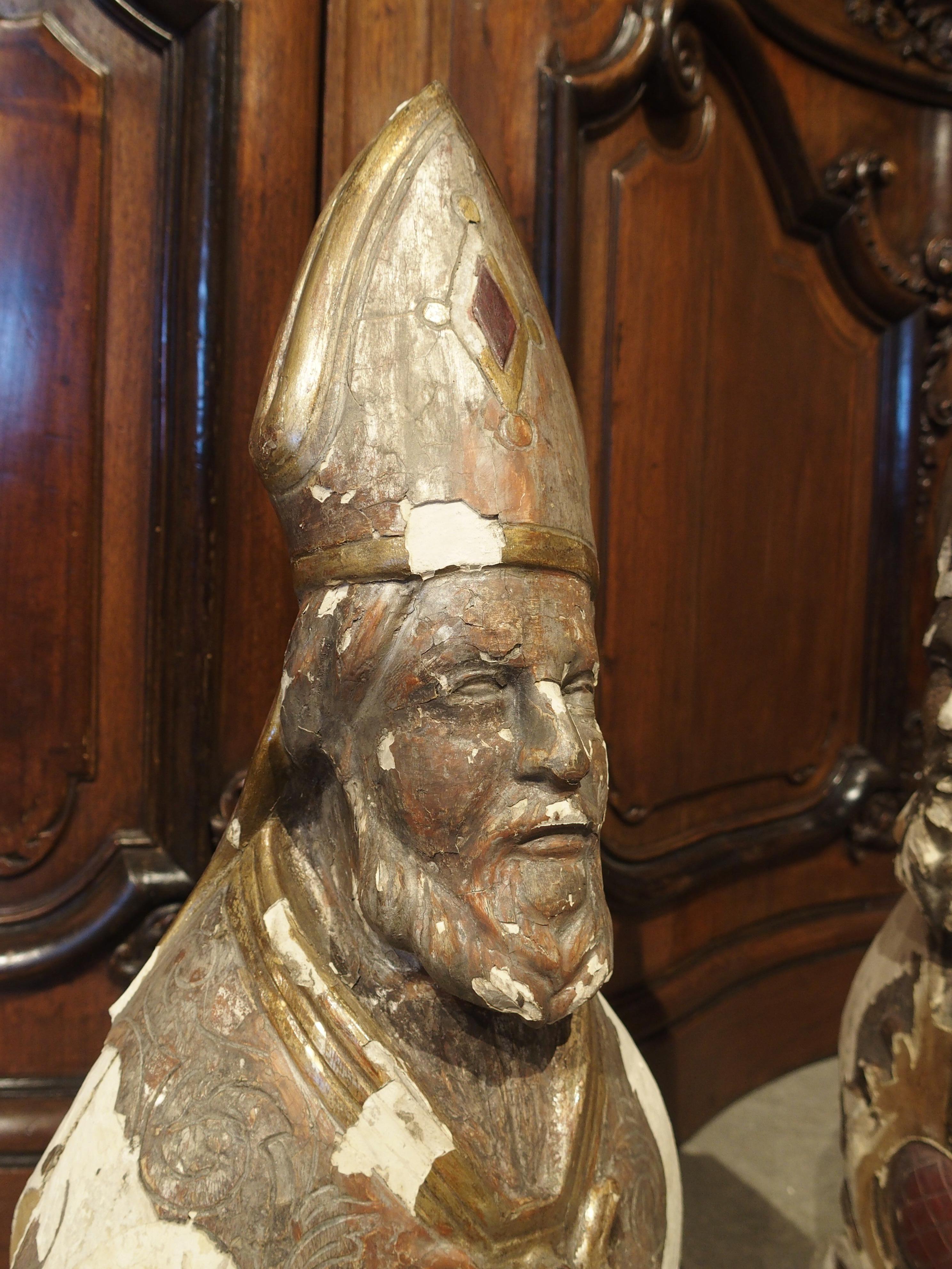 Italian Pair of Carved and Parcel Silvered 17th Century Bishops, Lazio Italy