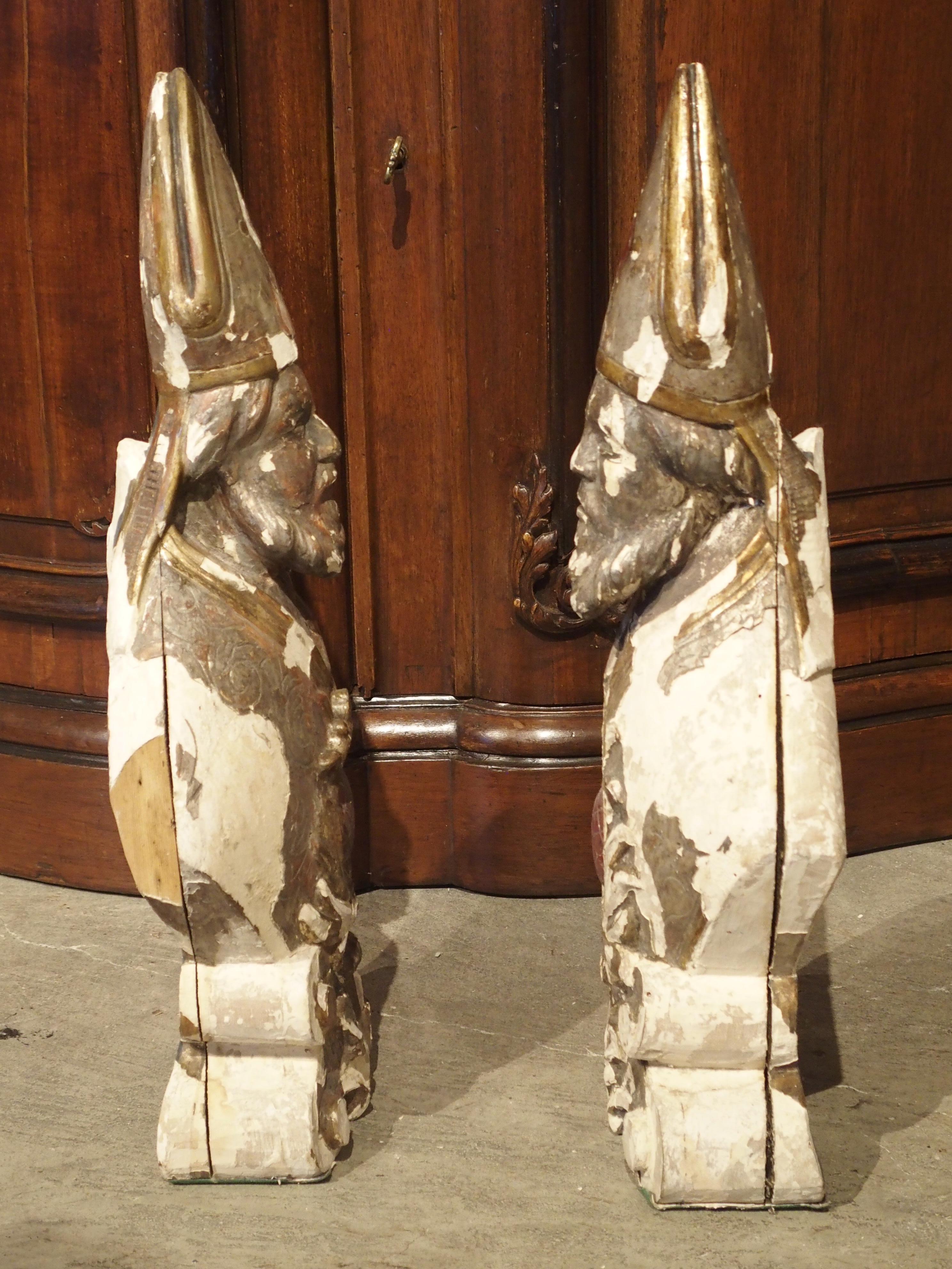 Wood Pair of Carved and Parcel Silvered 17th Century Bishops, Lazio Italy