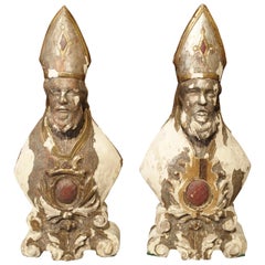 Pair of Carved and Parcel Silvered 17th Century Bishops, Lazio Italy