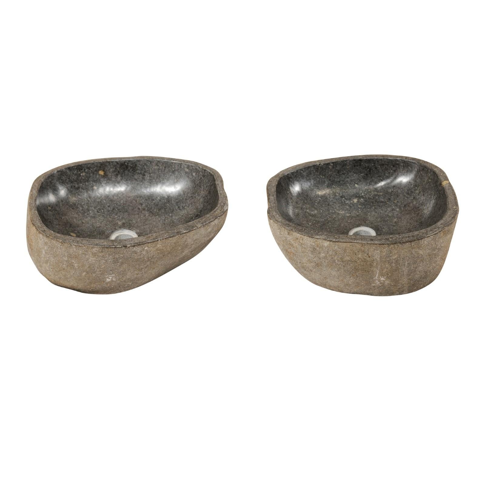 Pair of Carved and Polished Grey River Rock Sink Basins