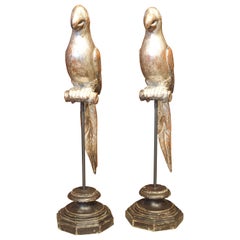 Pair of Carved and Silvered Italian Parrots on Stands, 20th Century