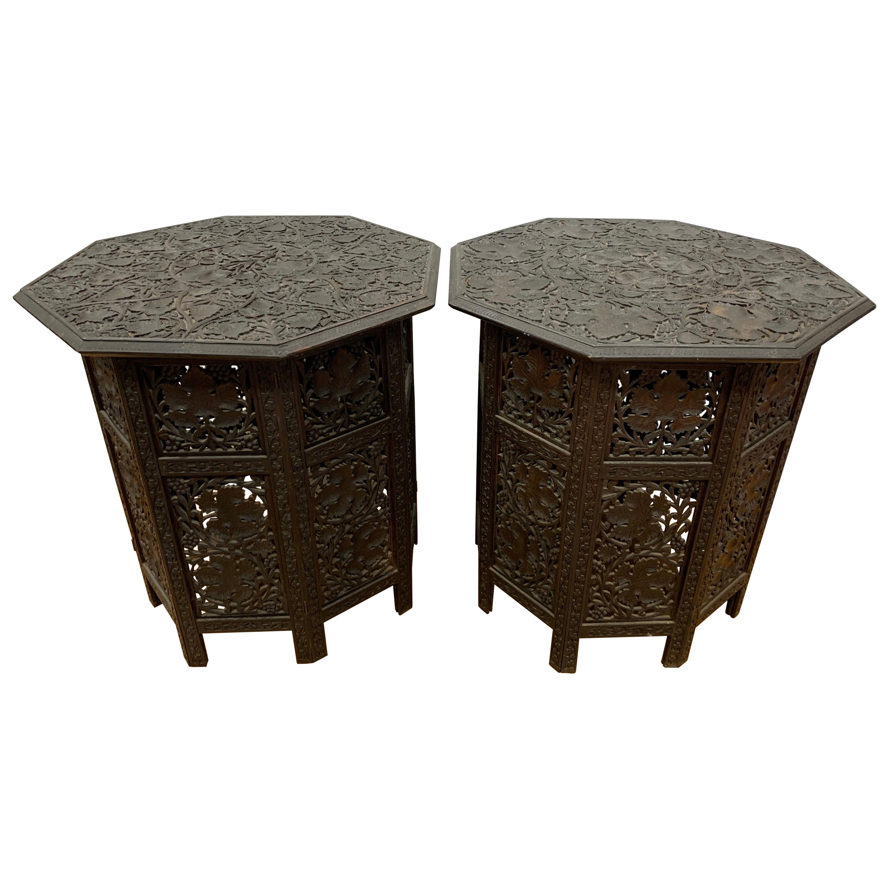Pair of Carved Anglo Indian Octagonal Folding Tables