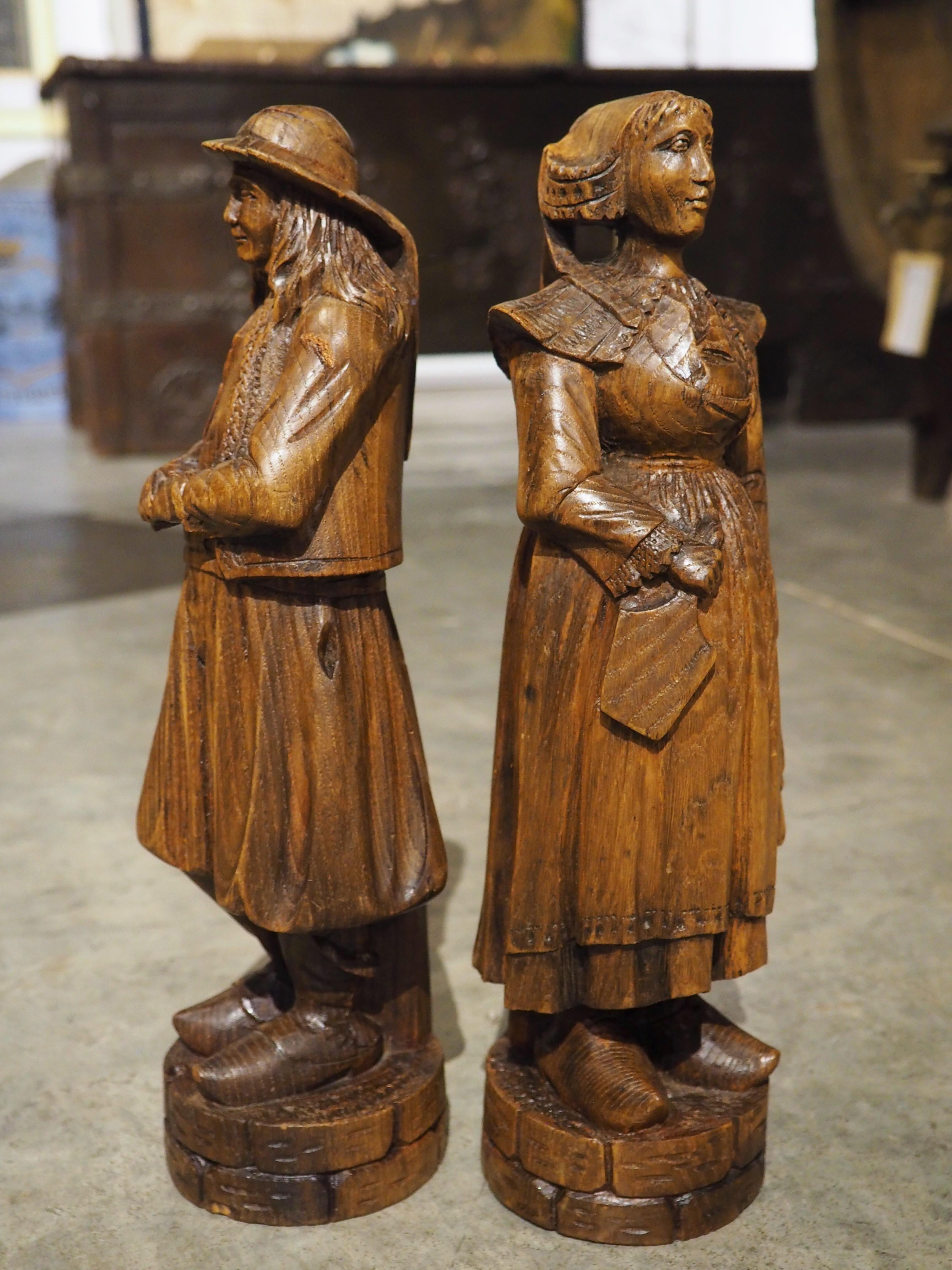 Pair of Carved Antique Breton Figures, Brittany France, Early 1900s 1
