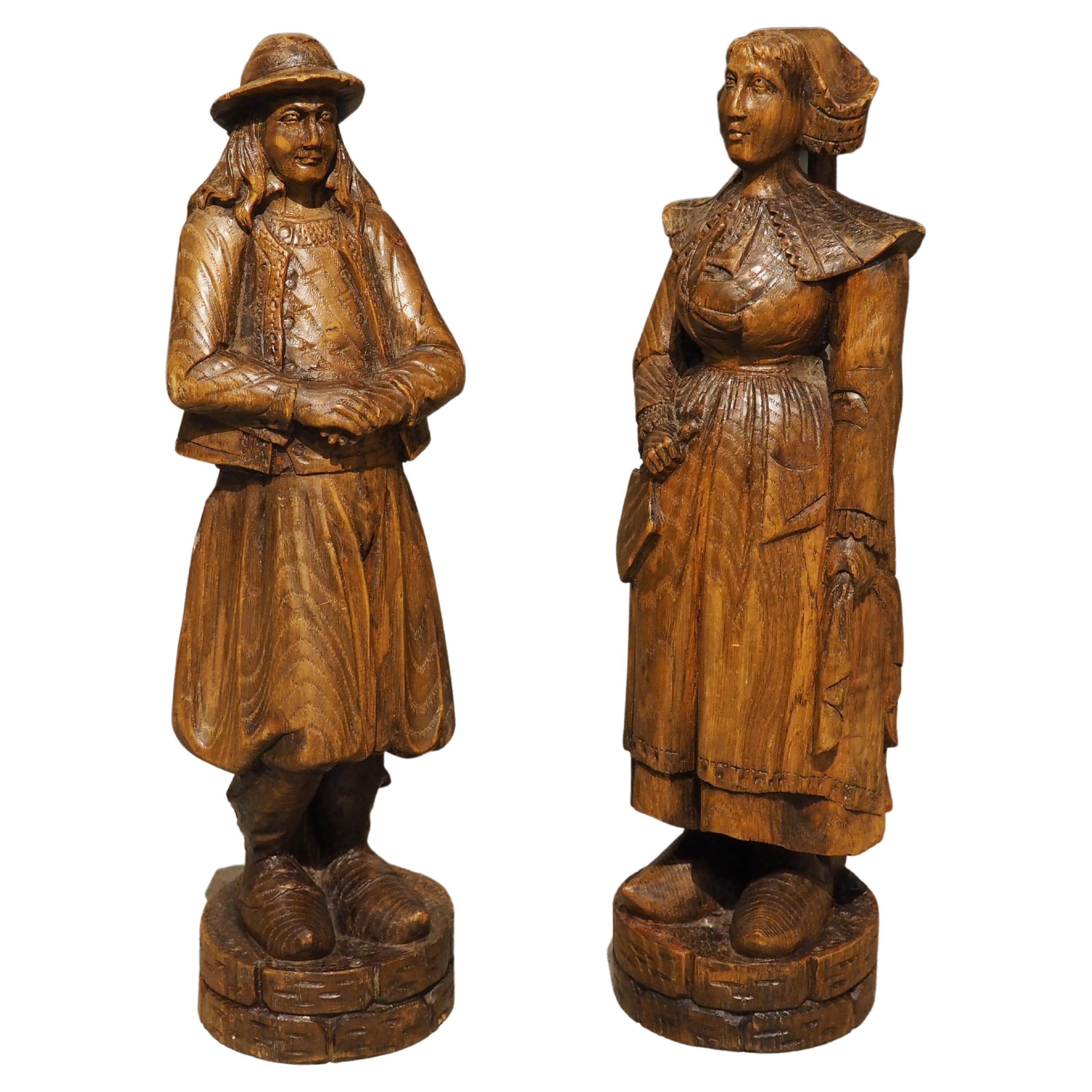 Pair of Carved Antique Breton Figures, Brittany France, Early 1900s