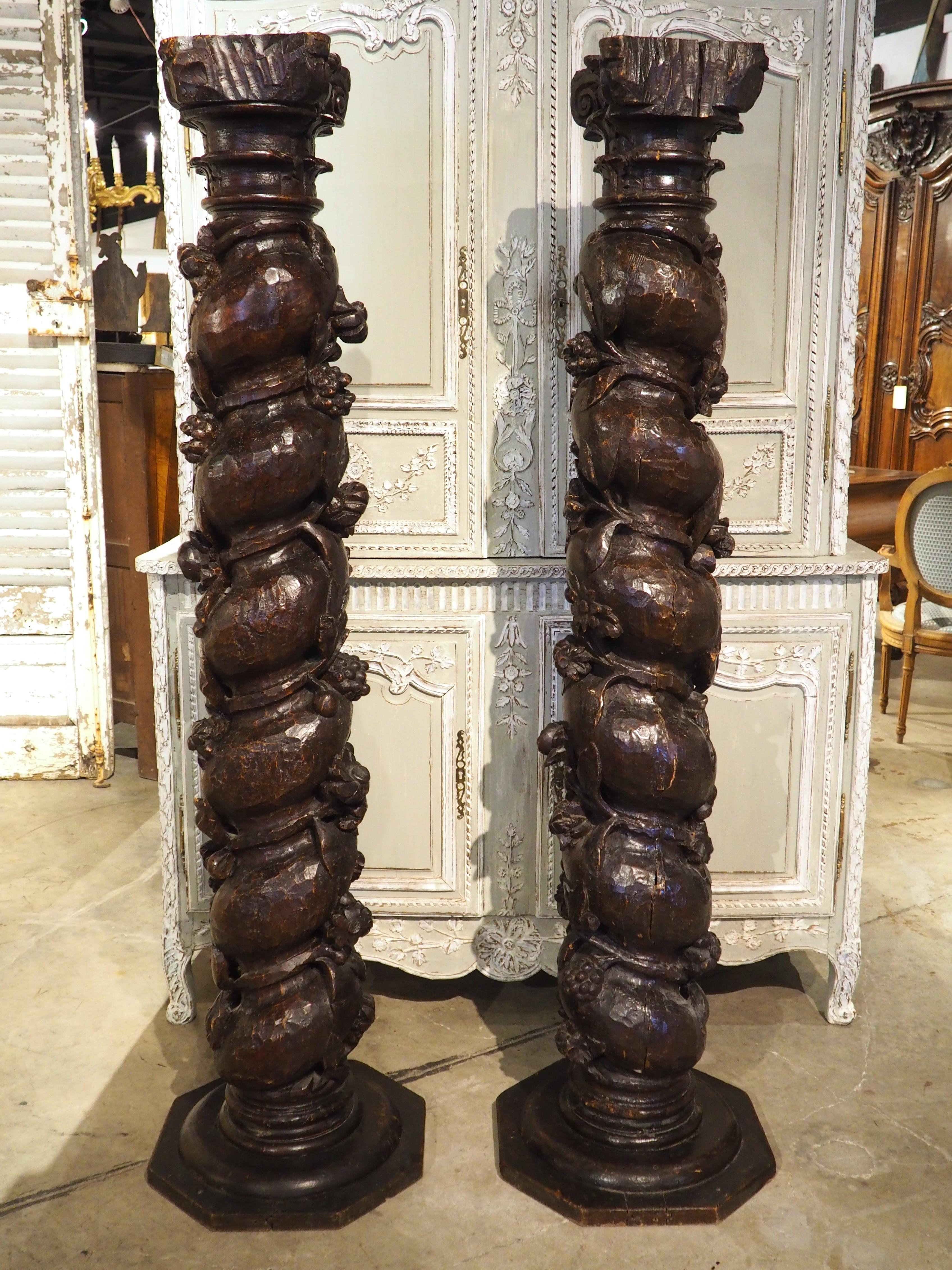 Pair of Carved Antique French Solomonic Columns, 17th Century For Sale 9